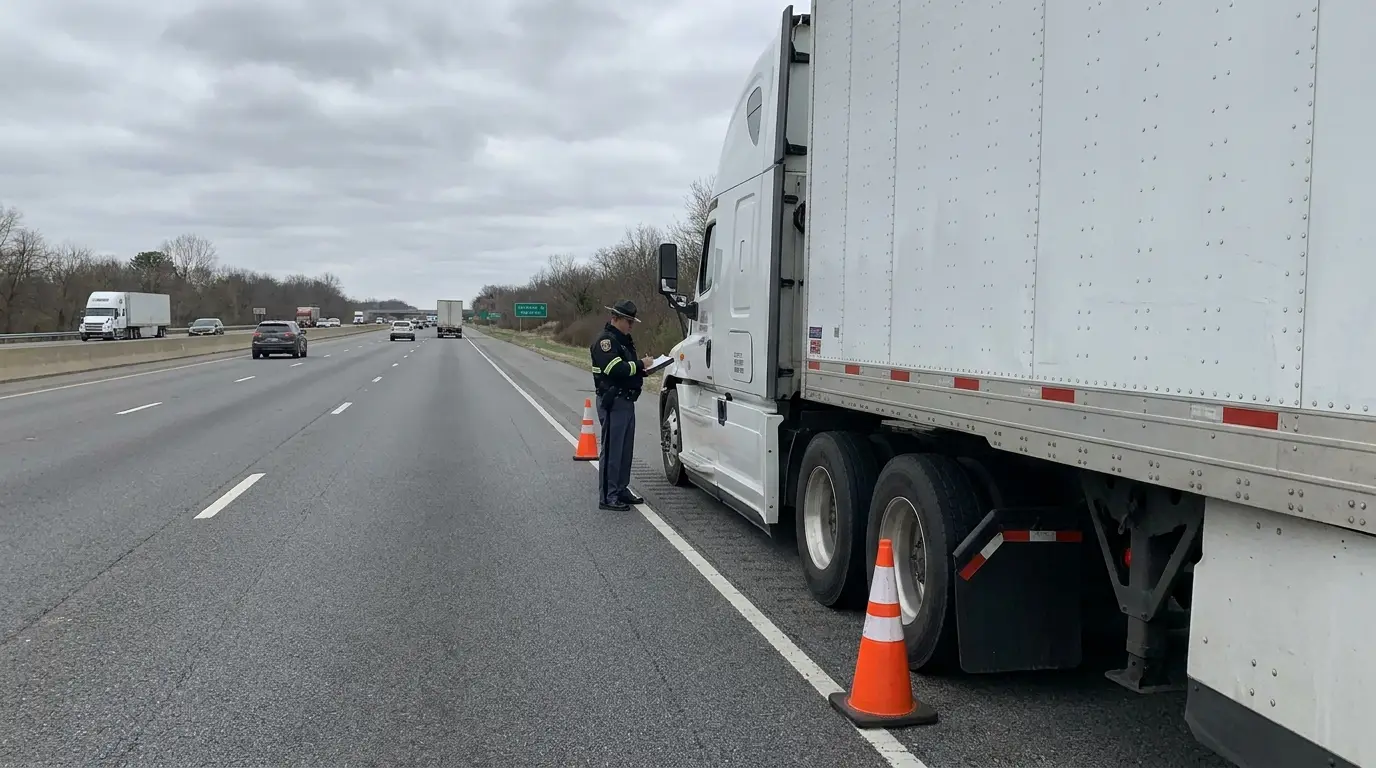 A state commercial vehicle enforcement officer writing on a clipboard beside a white semi truck stopped on an interstate shoulder during a roadside inspection