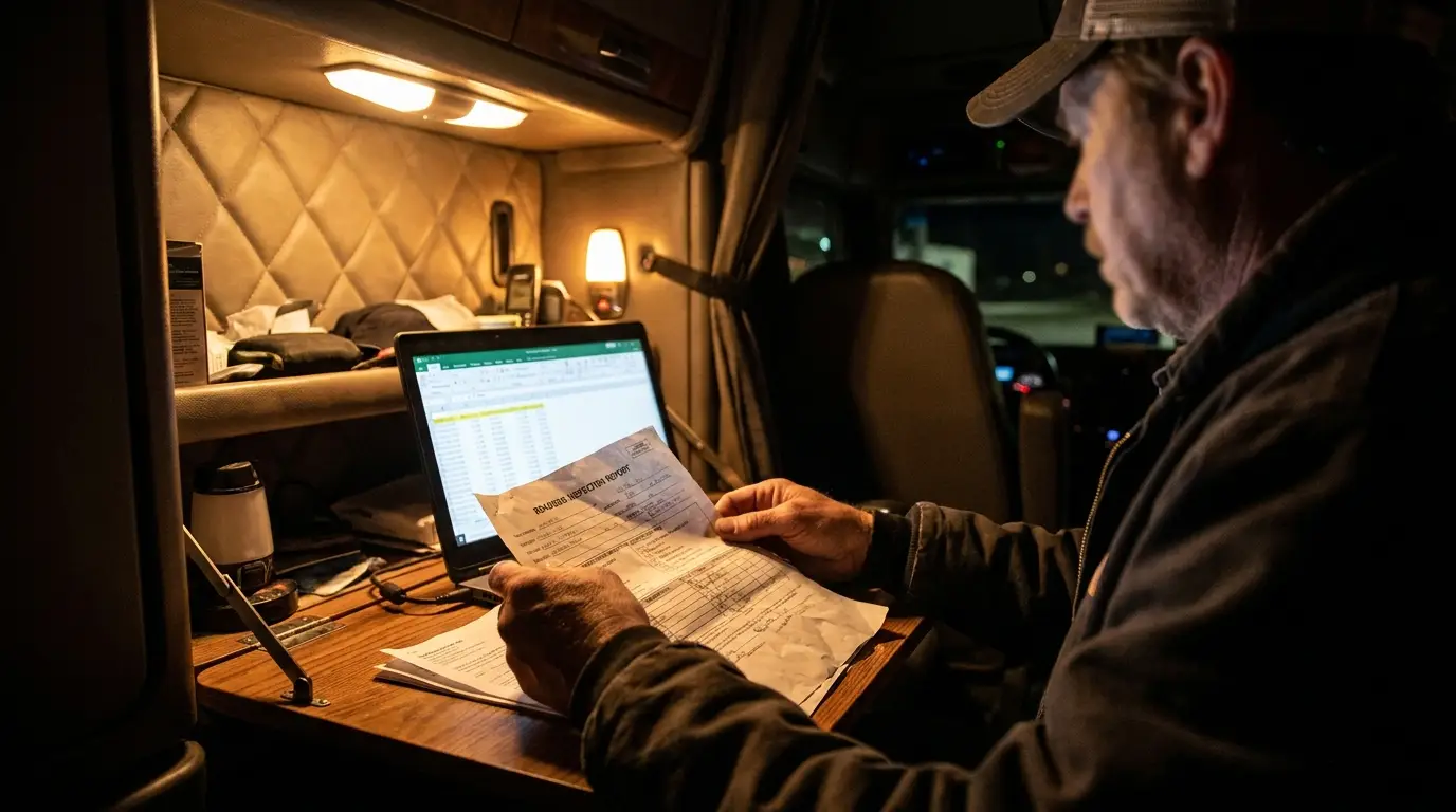 An owner-operator reviewing a paper roadside inspection report at a folding desk in a truck sleeper berth at night with a laptop open beside the paperwork