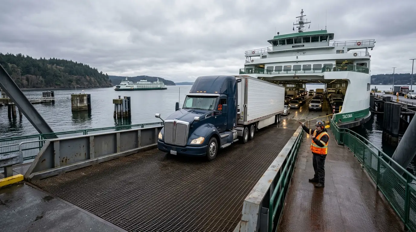 A loaded tractor trailer rolling down the steel transfer ramp off a Washington State ferry at a Puget Sound terminal while a deck crew member directs it.