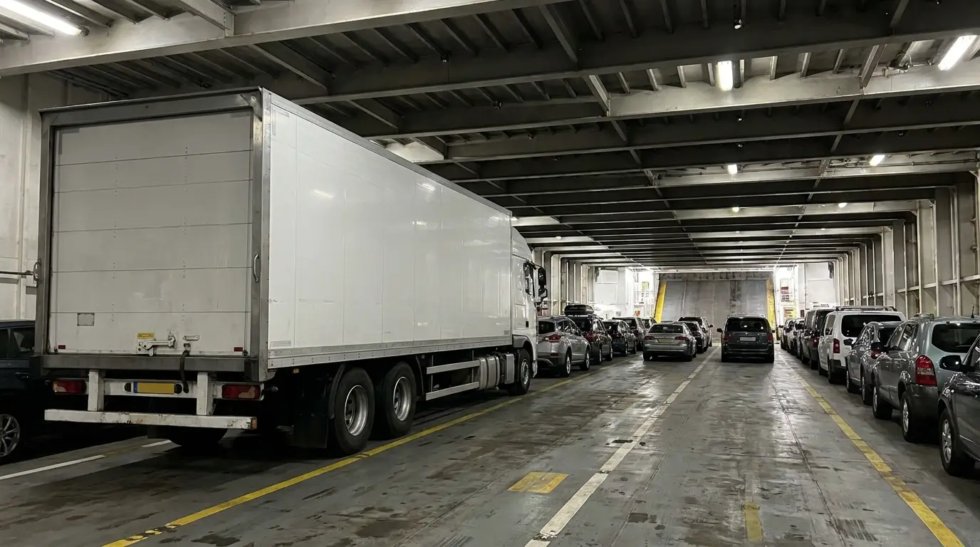 A box trailer parked in a marked lane on the enclosed vehicle deck of a ferry with rows of cars stopped alongside it.