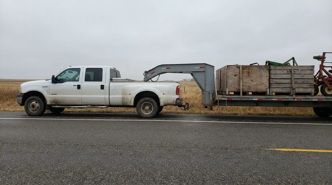 A white one ton dually pickup hitched to a loaded gooseneck flatbed trailer parked on a rural highway shoulder, the kind of hotshot rig covered by federal trailer brake rules