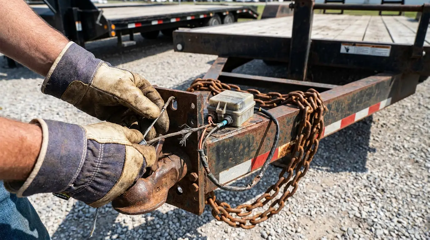 Gloved hands inspecting the breakaway switch, pull pin cable and brake wiring at a trailer coupler with safety chains hanging alongside