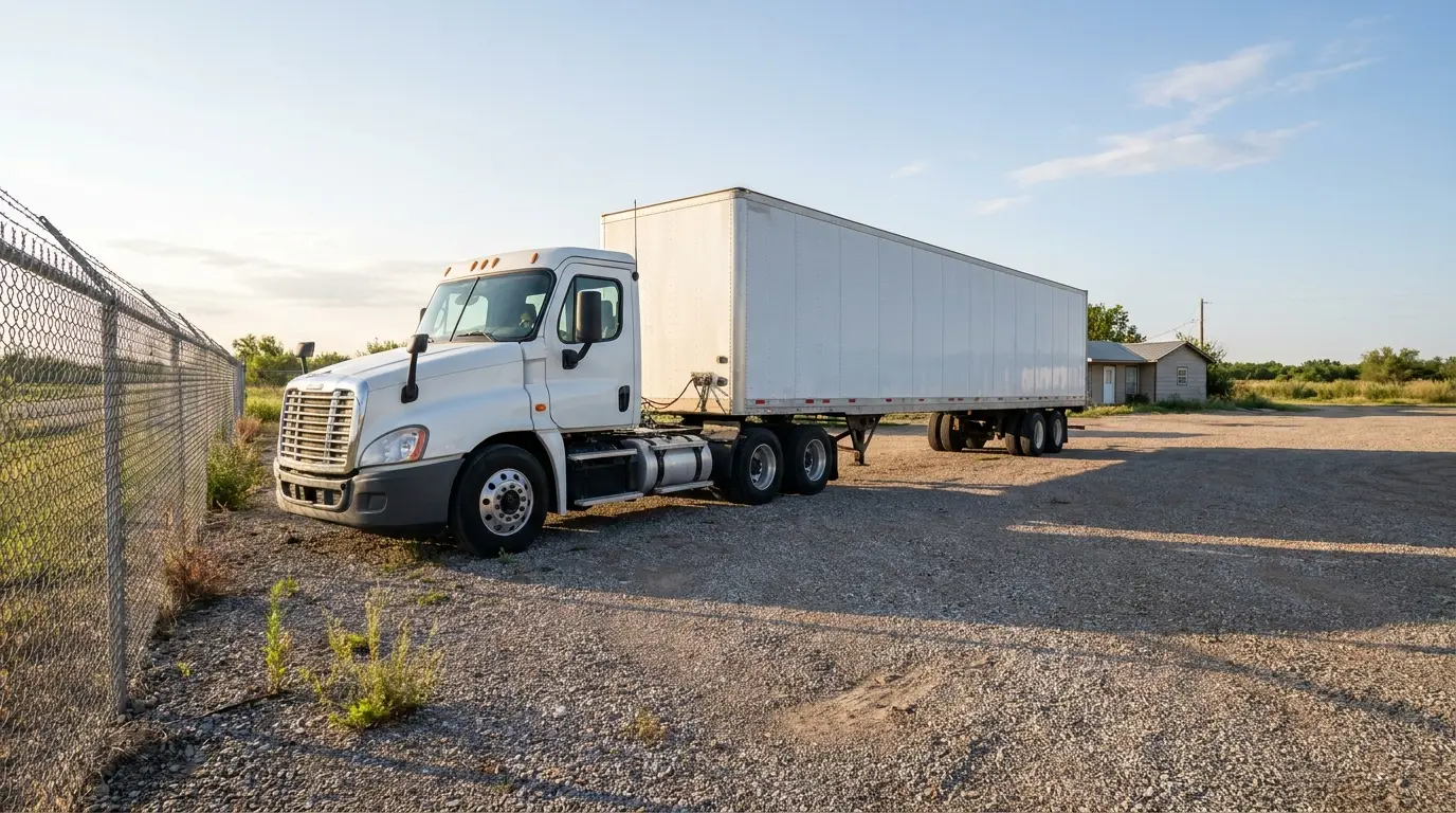 A white day cab semi truck coupled to a dry van trailer parked alone in a gravel yard behind a chain link fence, the kind of first rig a new authority buys truck insurance for.
