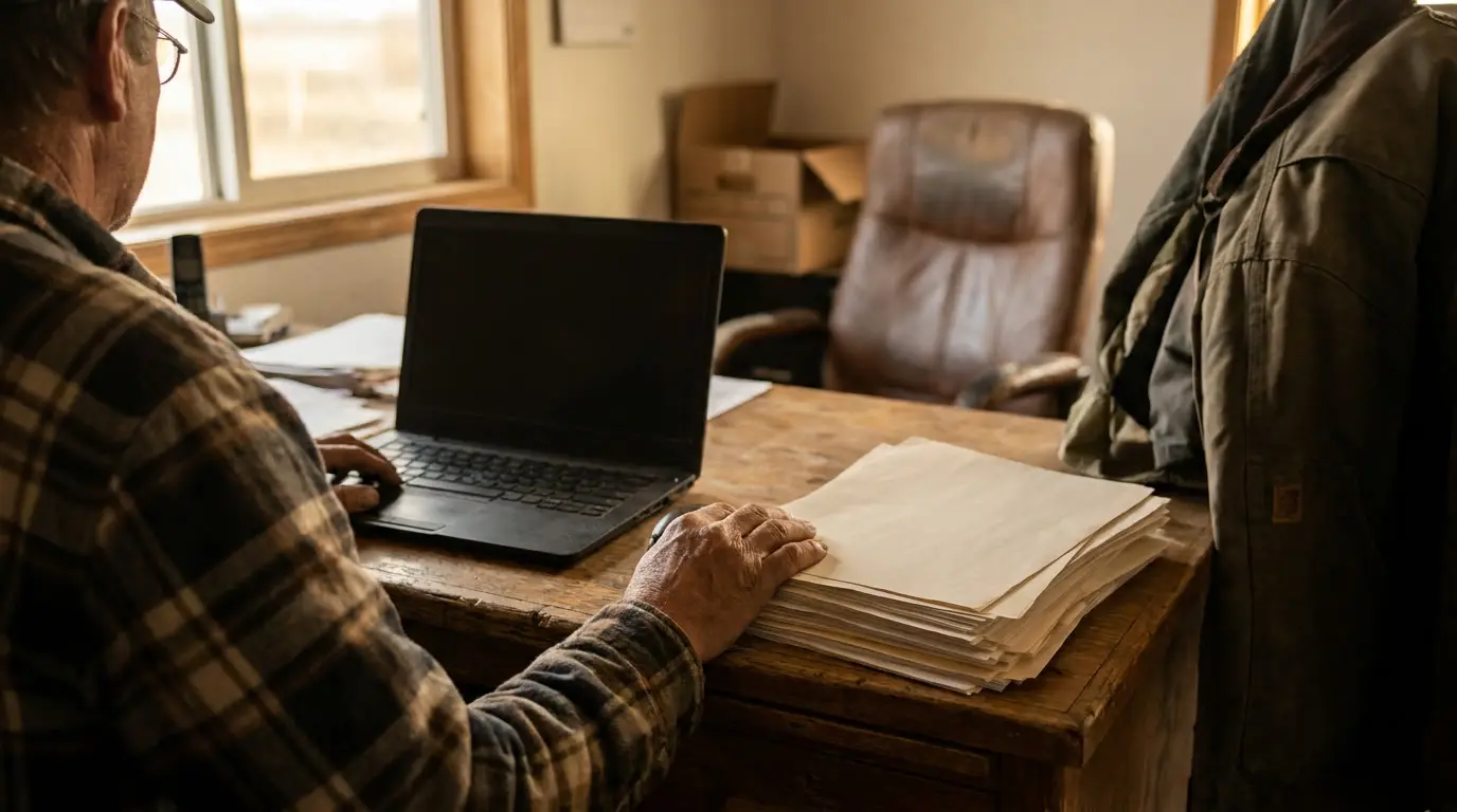 A trucking company owner seated at a wooden desk with one hand resting on a thick stack of paperwork beside an open laptop.
