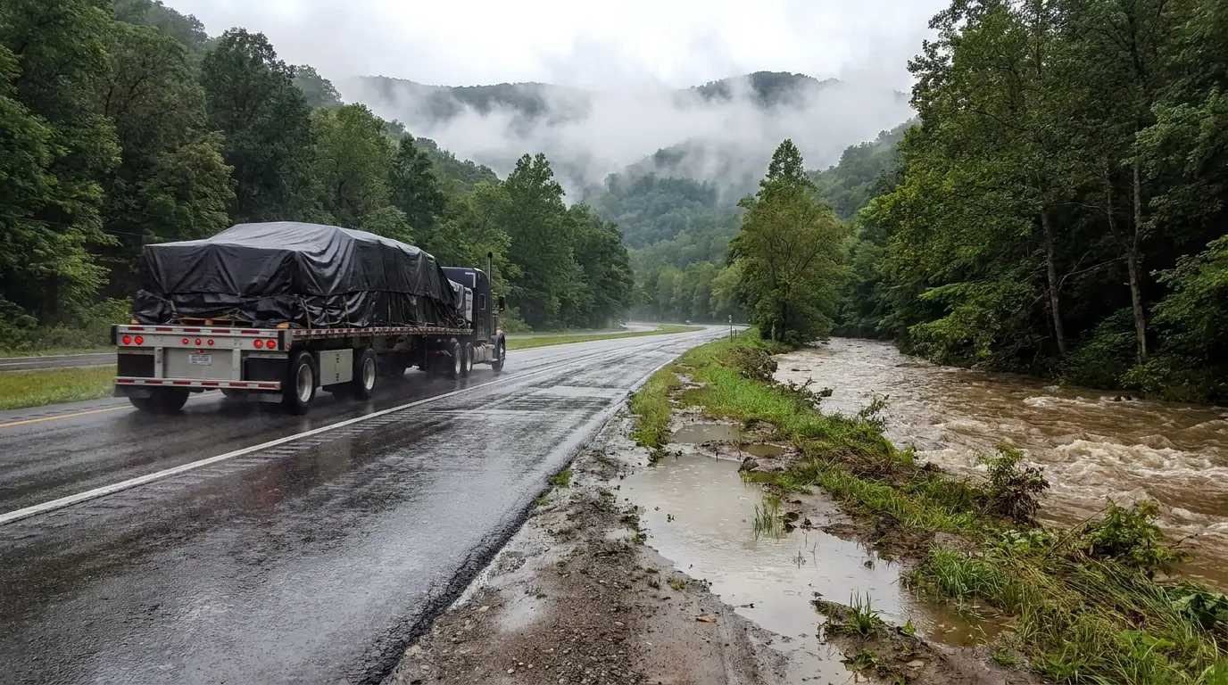 A tarped flatbed tractor trailer running on a wet two lane West Virginia highway beside a swollen muddy creek with cloud hanging on the forested ridges.