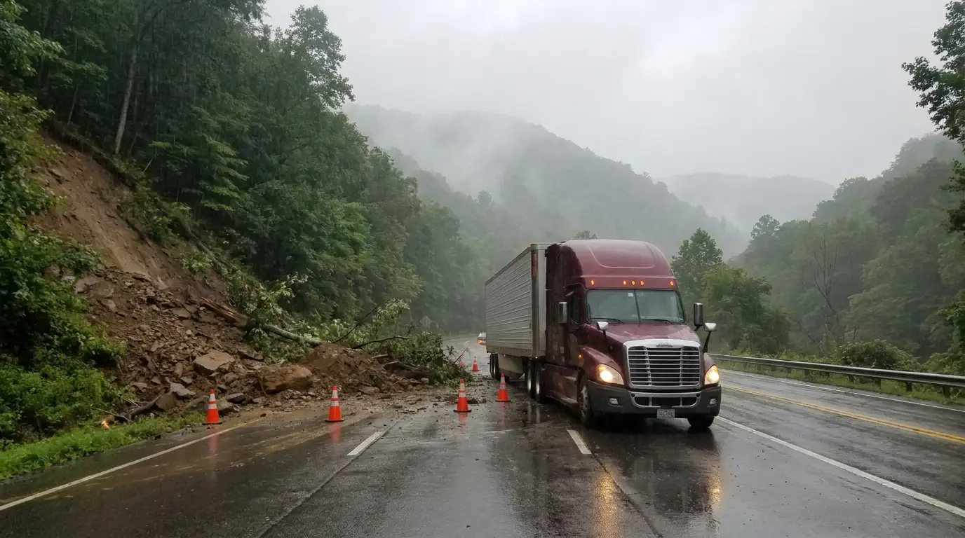 A tractor trailer stopped on a rain soaked mountain highway behind rock and mud slide debris blocking a lane with orange cones set out around it.