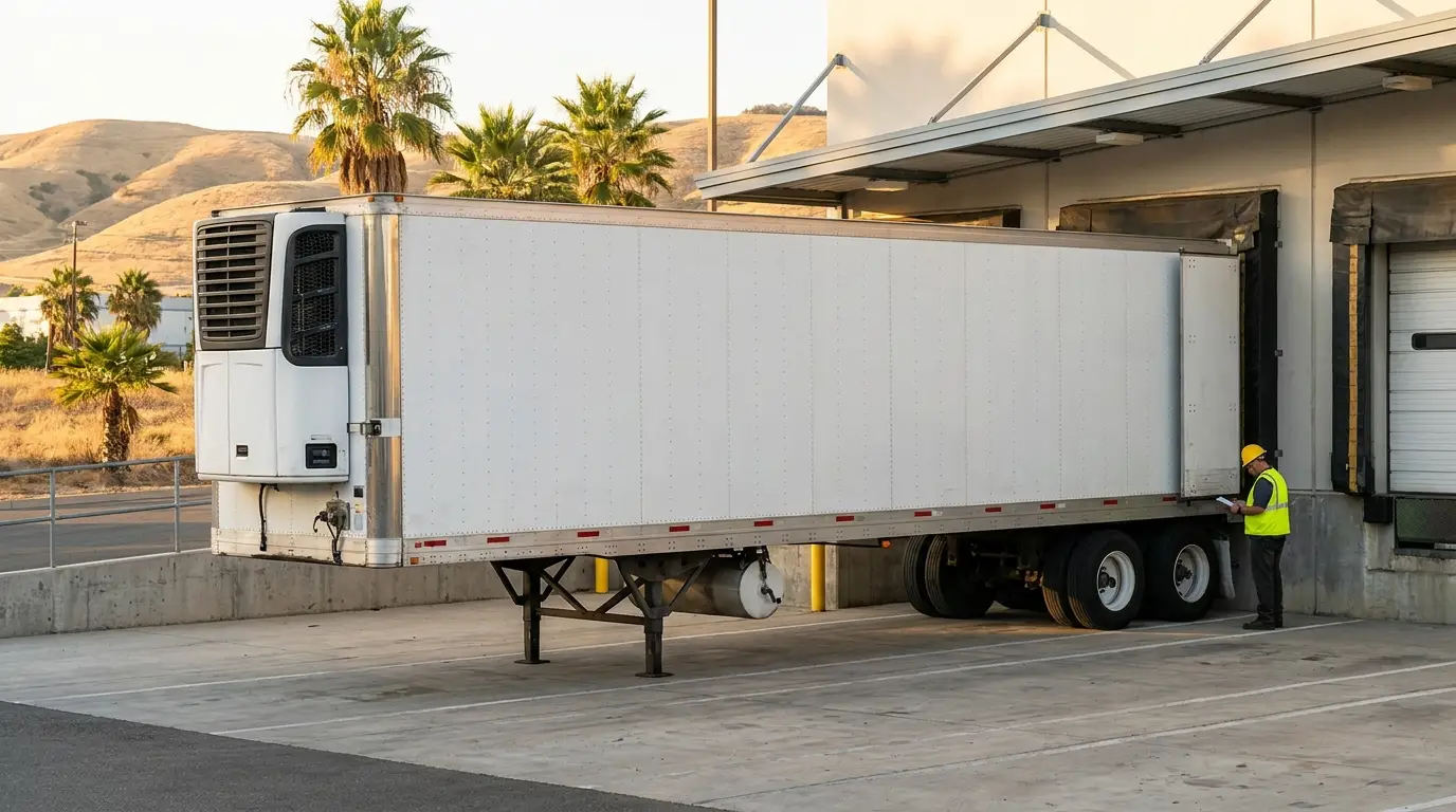 A white refrigerated semi trailer with a diesel reefer unit backed up to a California cold storage dock while a worker checks paperwork, the kind of stop where CARB reefer compliance is verified
