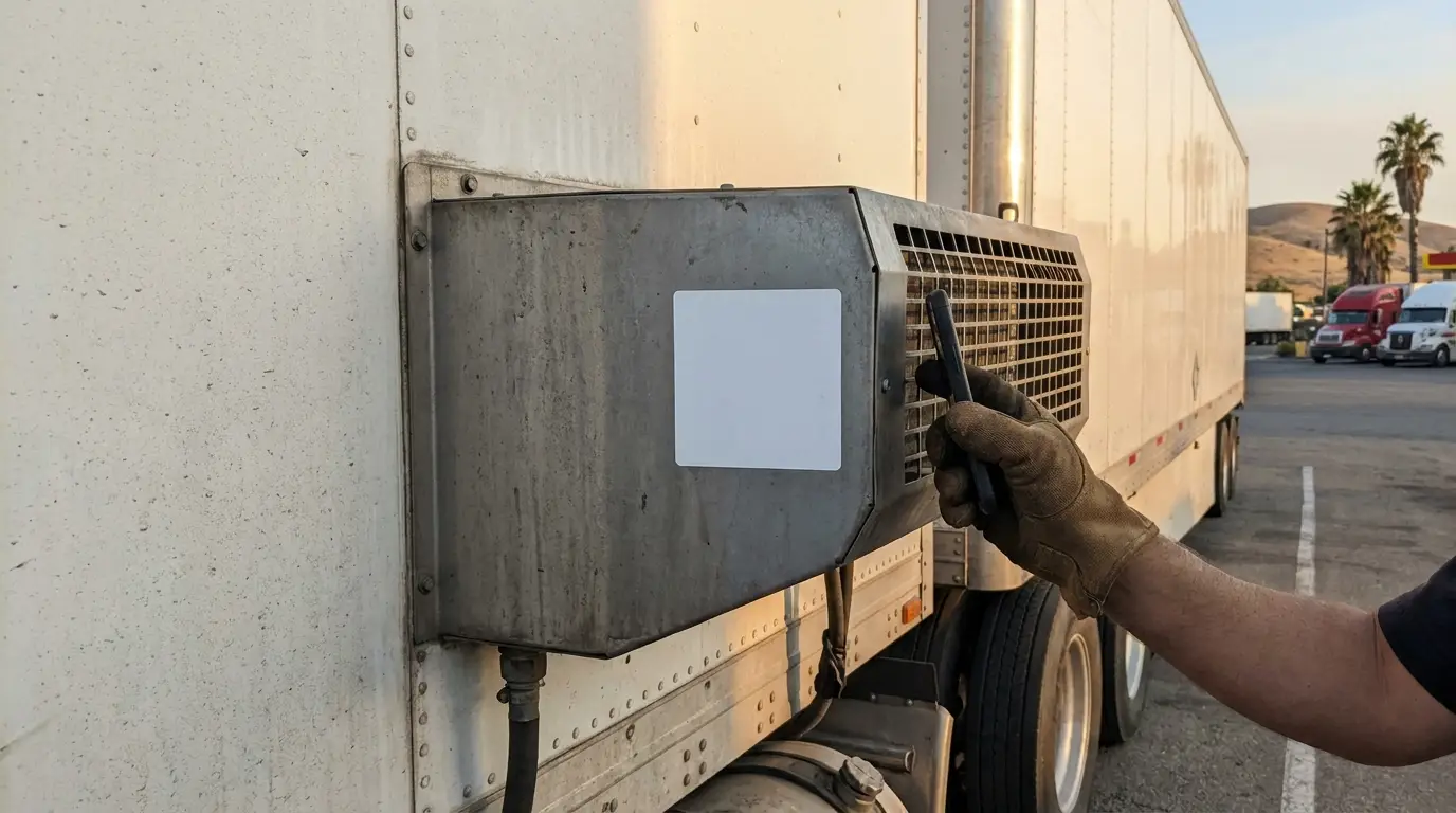 A gloved hand holding a phone next to the side housing of a diesel reefer unit on a semi trailer, where CARB compliance labels are placed on a refrigerated trailer