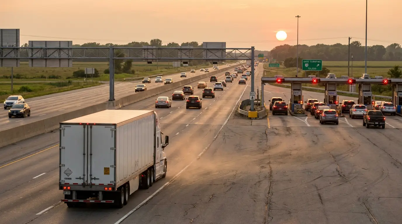 A white tractor trailer approaching a busy Ohio Turnpike toll plaza at sunset while cars merge toward the manual toll booths, the kind of mixed traffic that drives commercial truck liability claims.