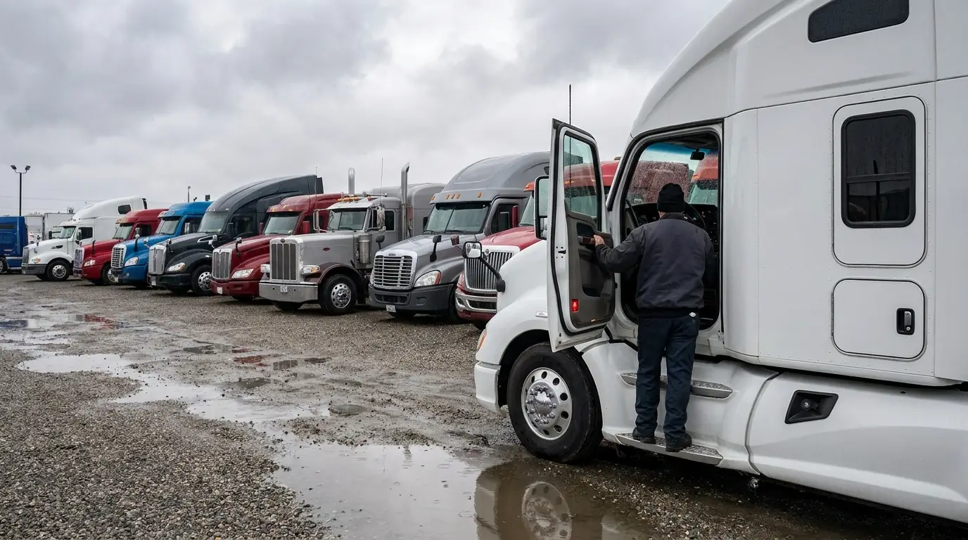 A technician standing on the step at the open driver door of a Class 8 tractor on a used truck dealership lot, checking the dashboard before a commercial truck insurance purchase.
