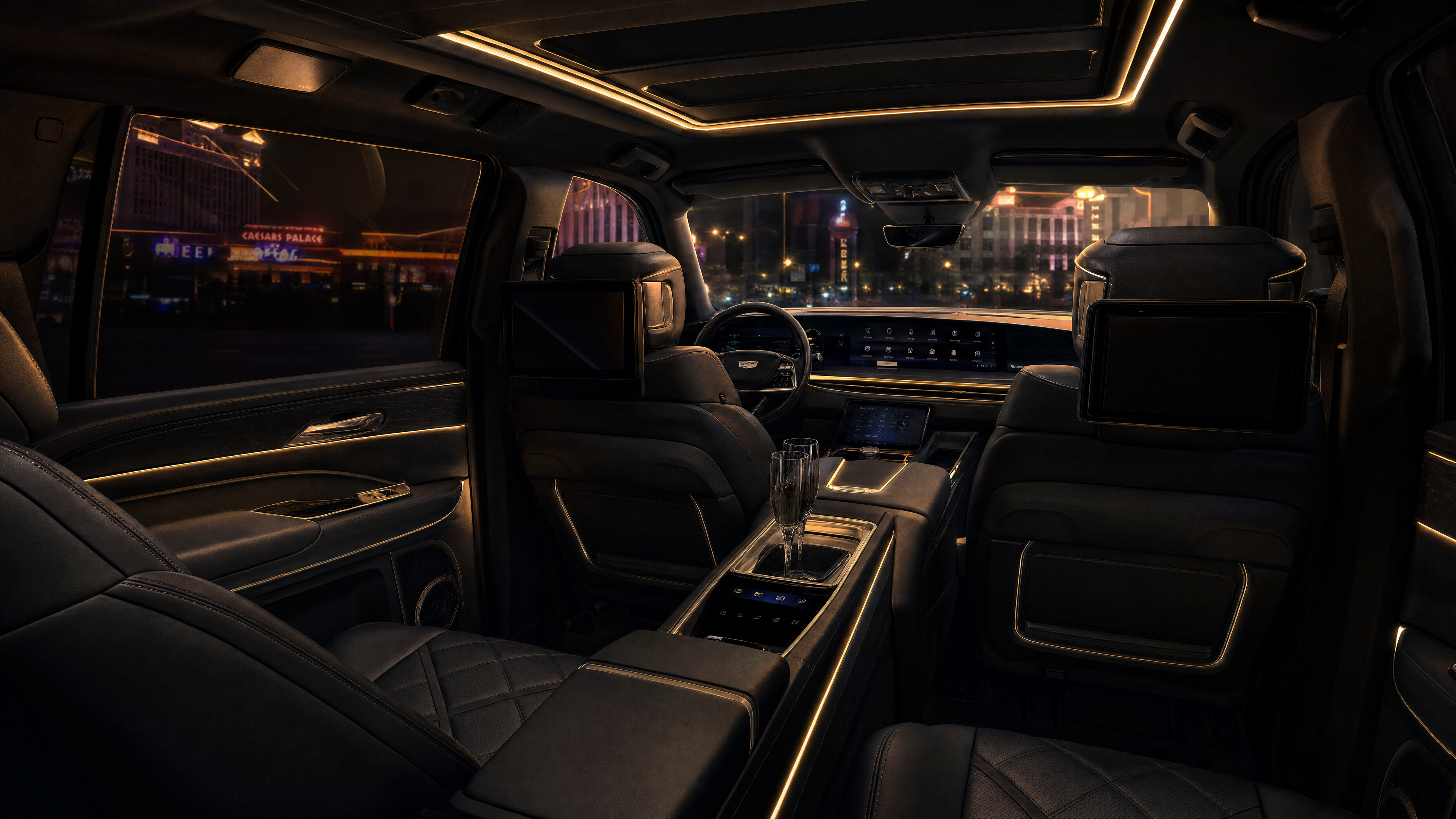 Escalade interior — diamond-quilted leather, gold ambient lighting