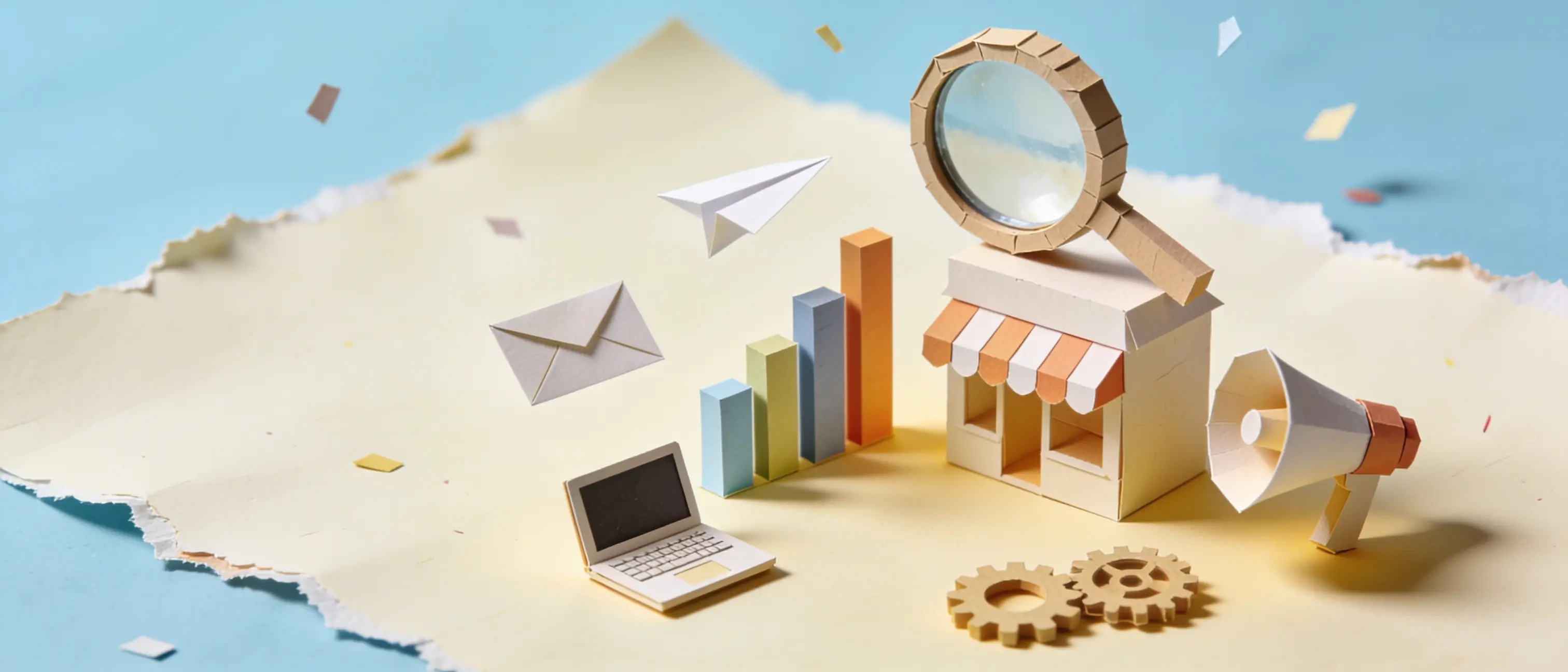 Papercraft isometric scene of a miniature marketing studio made of layered cut paper