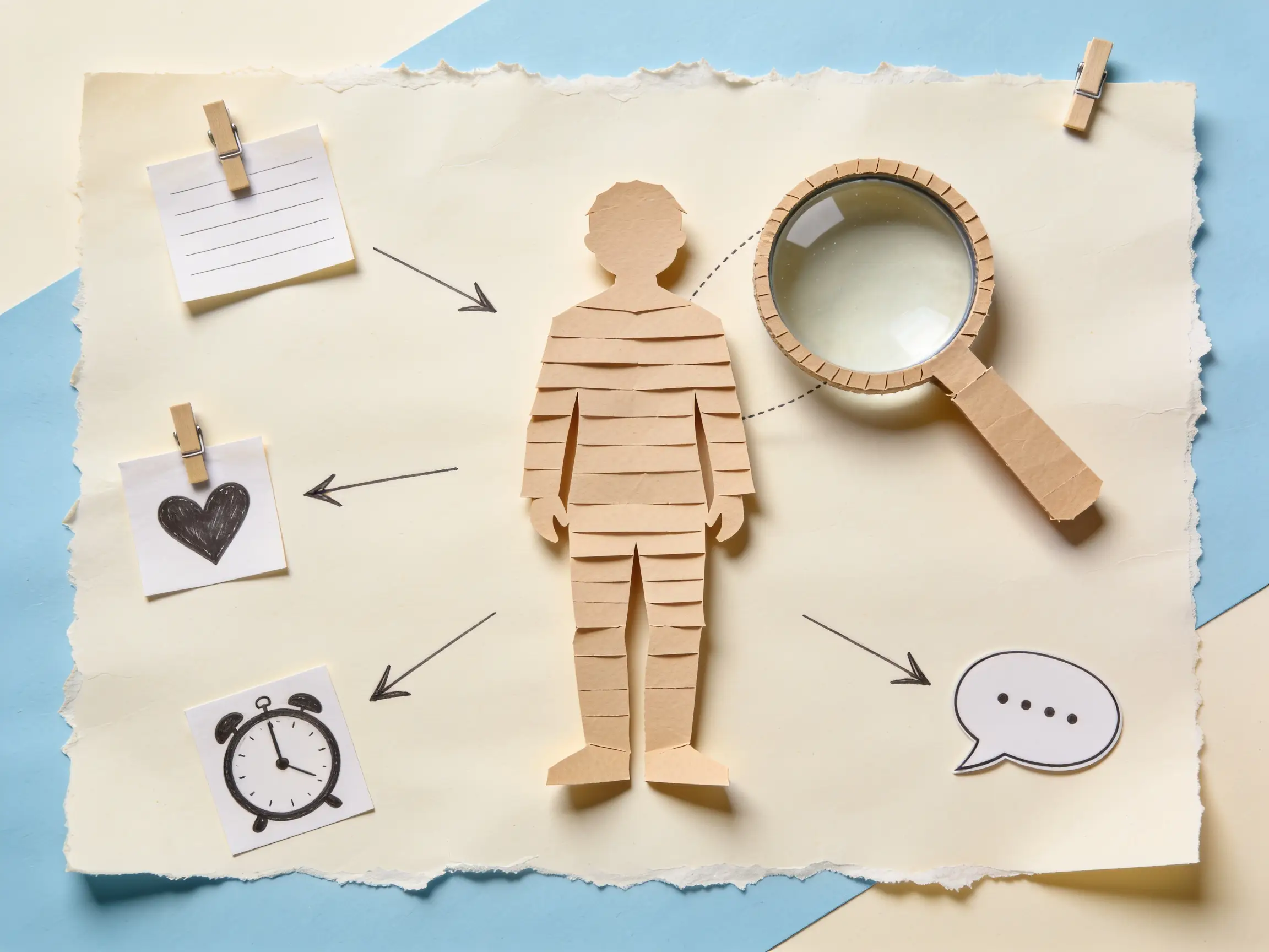 Paper cutout human figure surrounded by pinned notes and a magnifying glass, representing building a customer persona