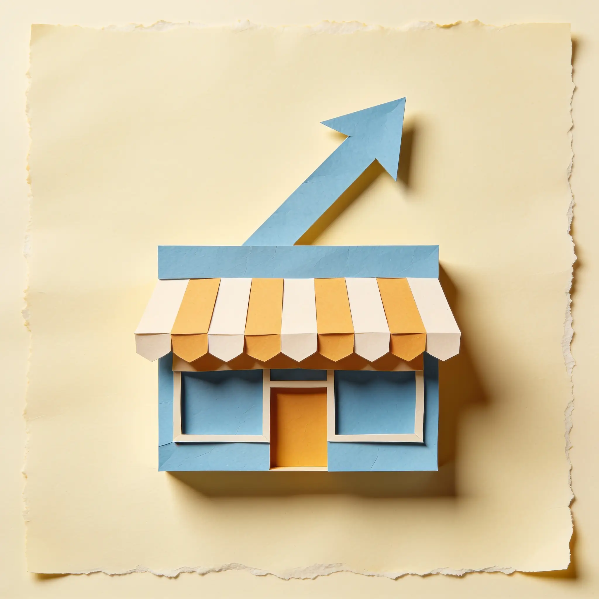 Paper cutout of a shop storefront with a rising arrow