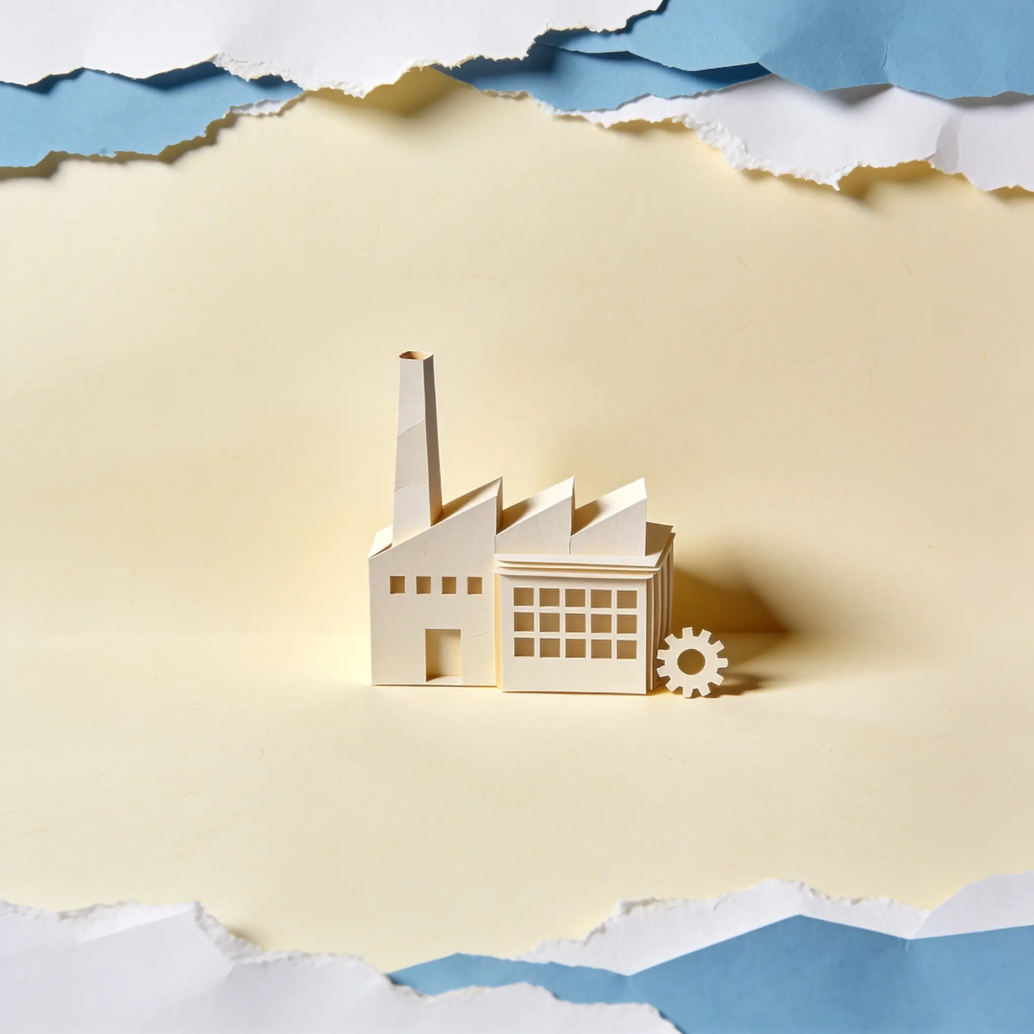 Paper cutout of a factory building with an office block