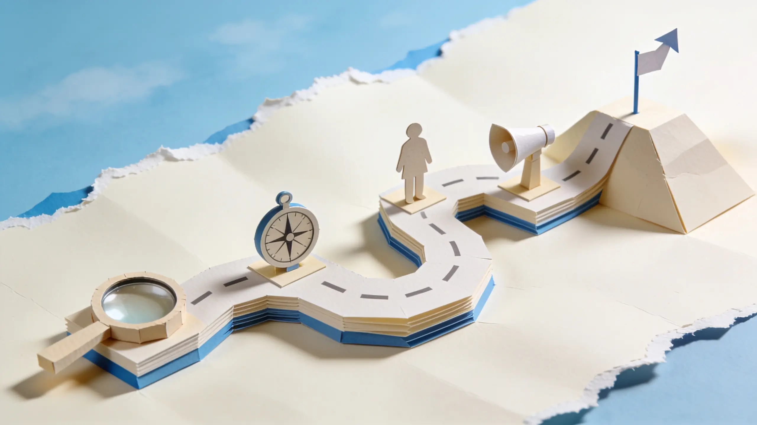 Papercraft winding road from a magnifying glass through a compass, a paper person and a megaphone to a flag on a hill, showing the journey from research to growth