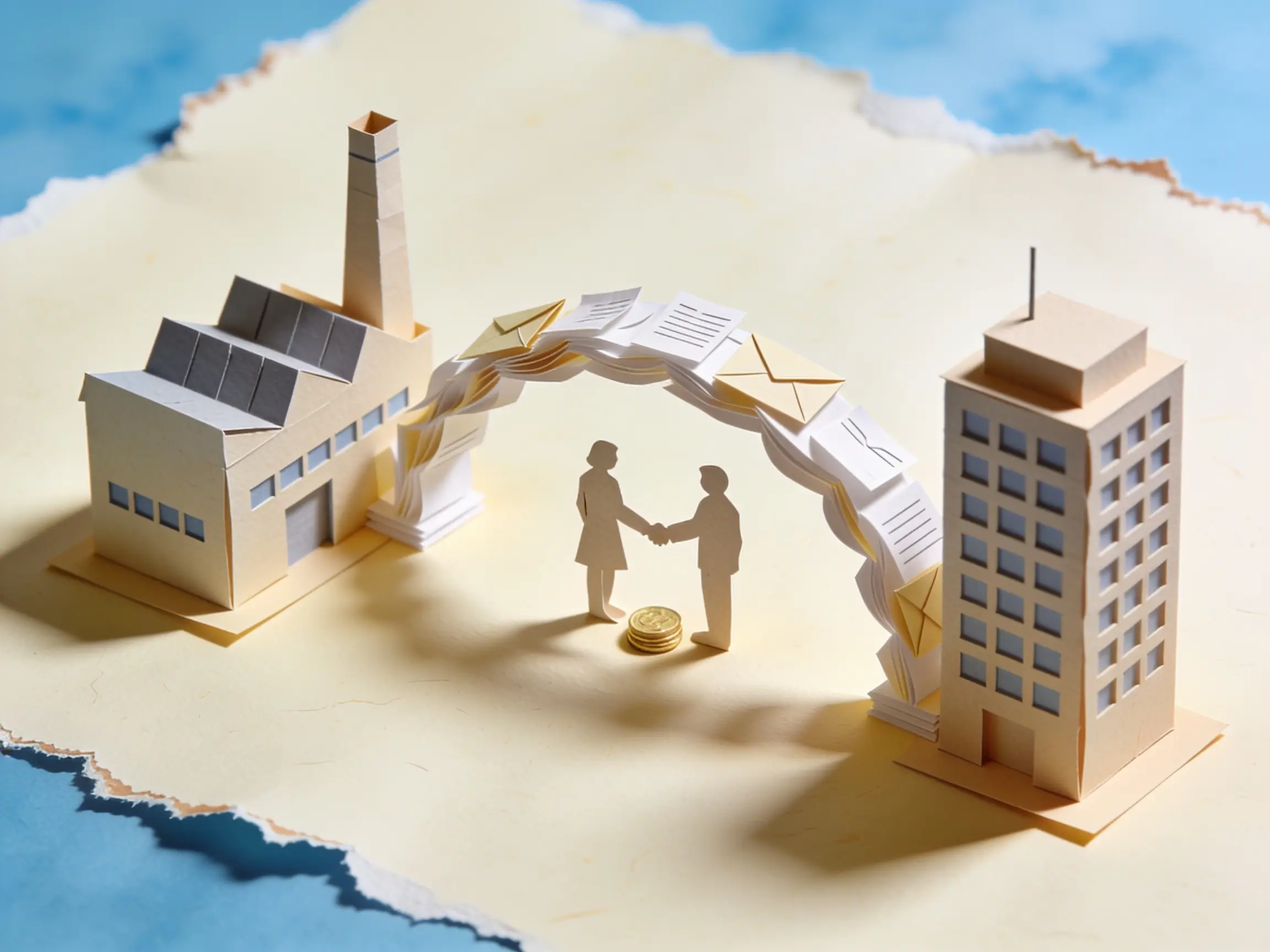 Papercraft factory and office tower connected by a bridge of documents with two paper figures shaking hands, representing B2B buyers and suppliers meeting