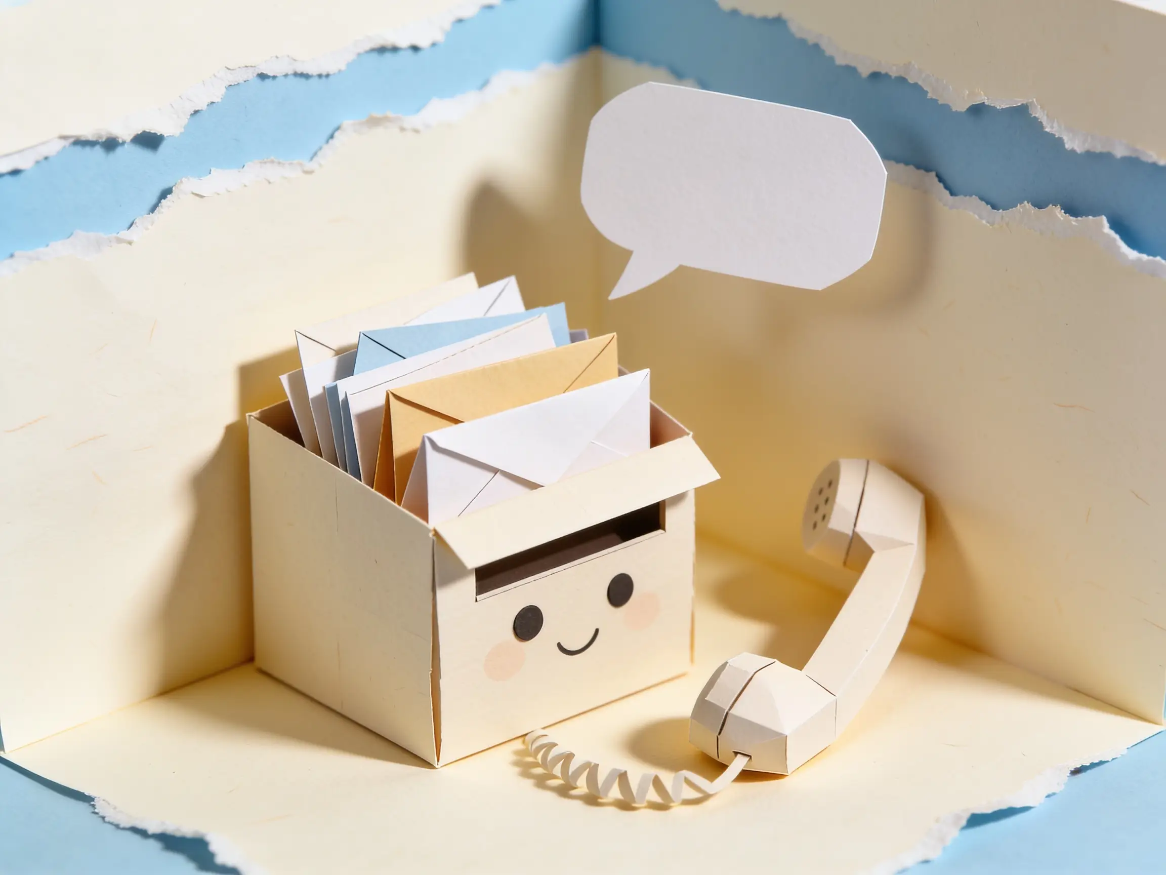 Papercraft letterbox overflowing with envelopes beside a paper telephone