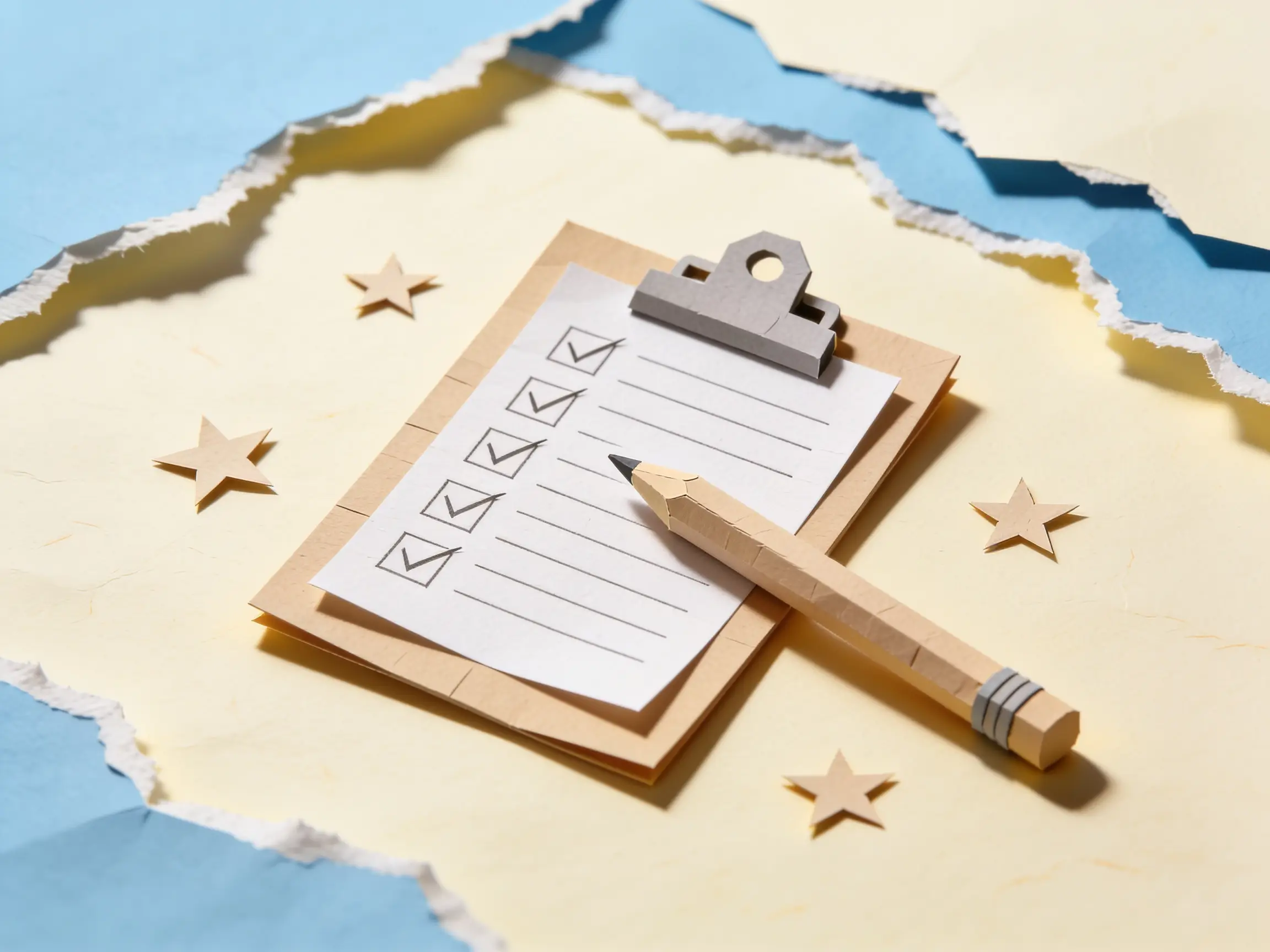 Papercraft clipboard with a ticked checklist and pencil