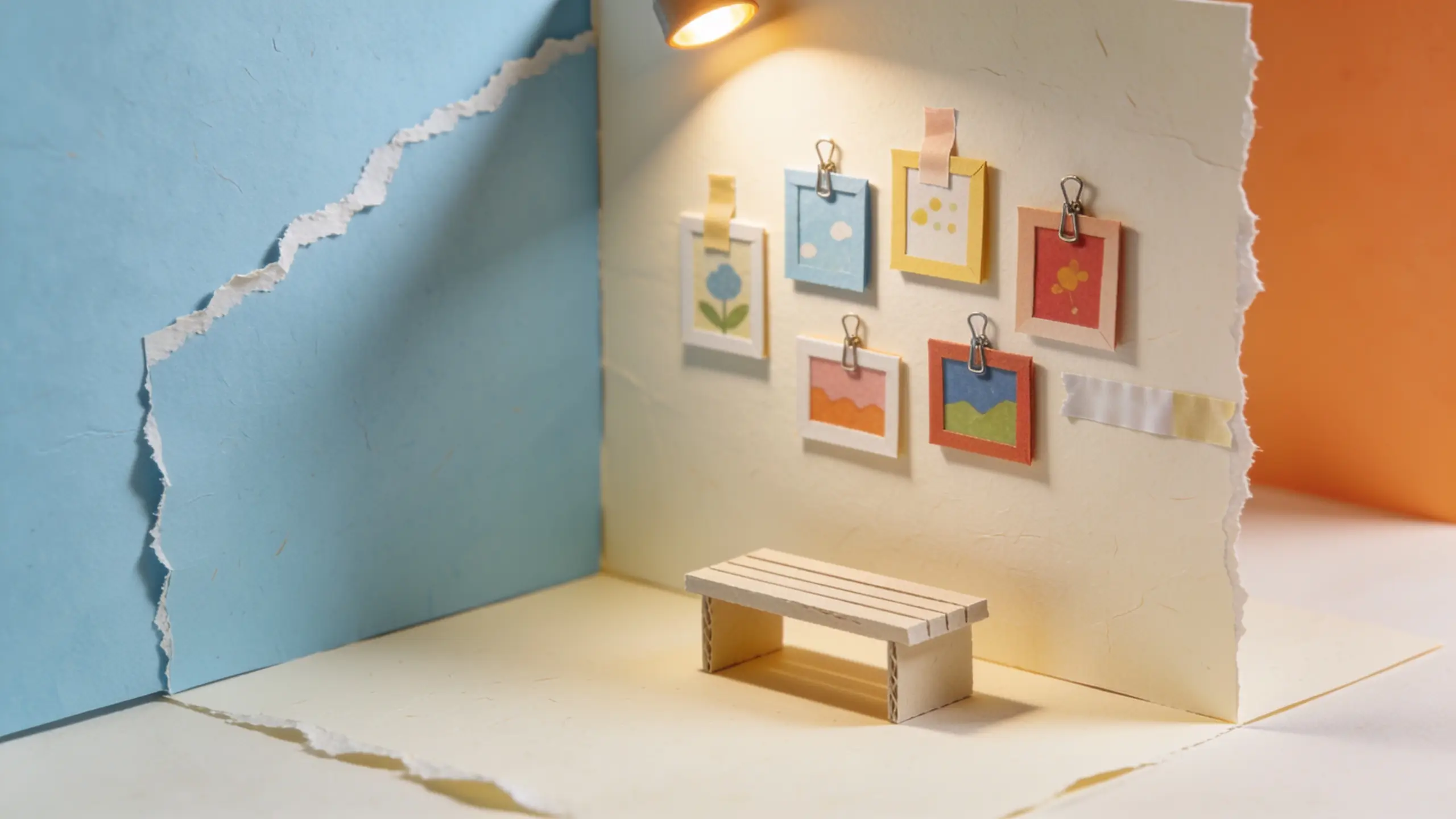 Papercraft gallery wall with small framed artworks taped and clipped up