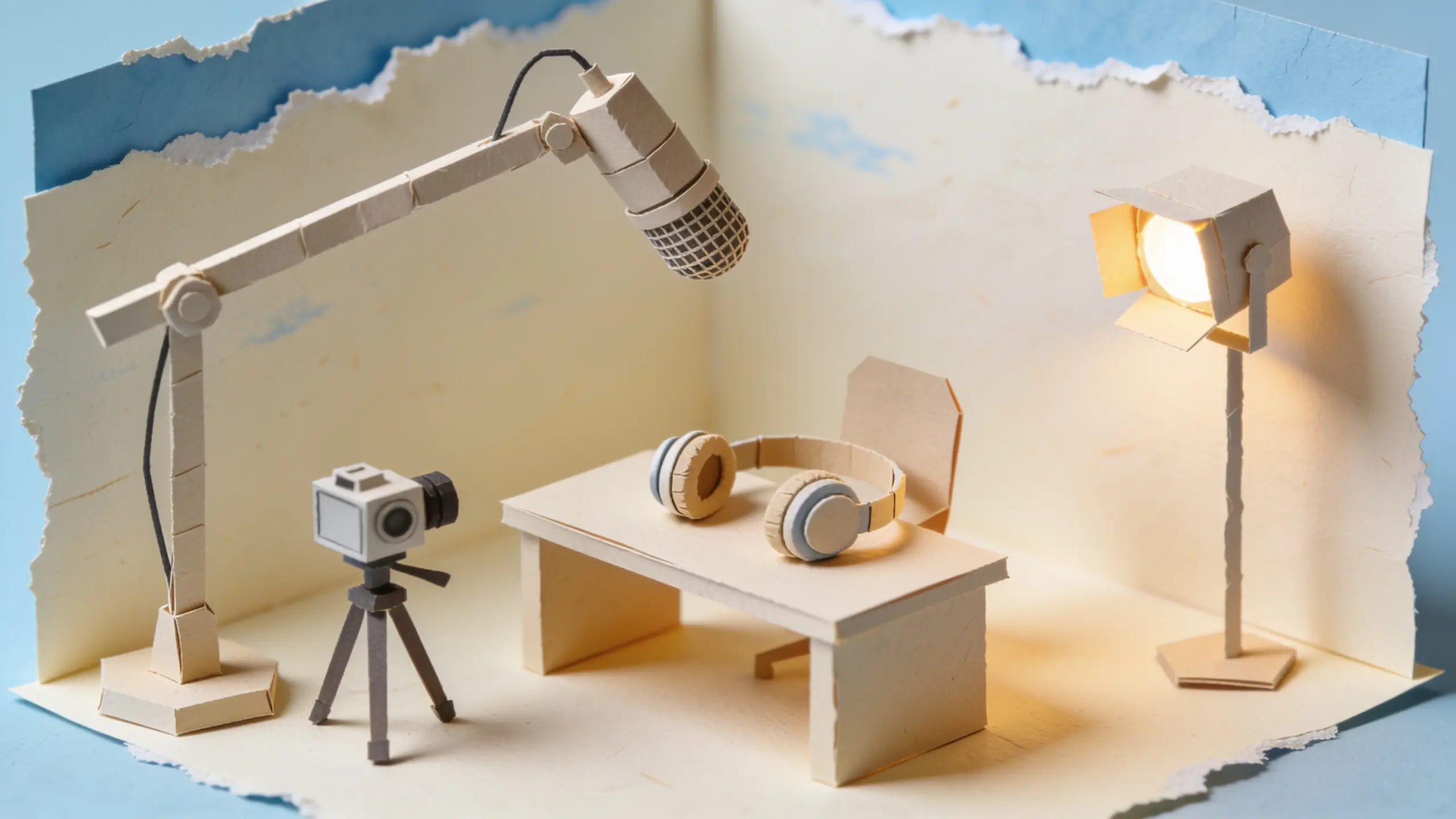 Papercraft podcast desk with boom microphone, headphones, camera and studio lamp