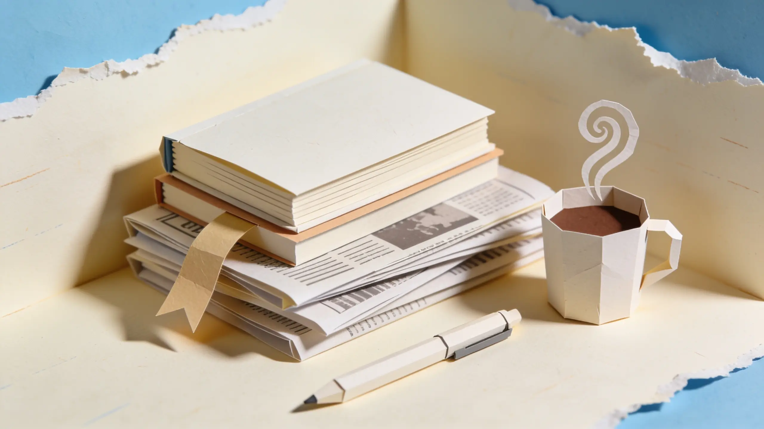 Papercraft stack of journals and newspapers with a paper coffee cup