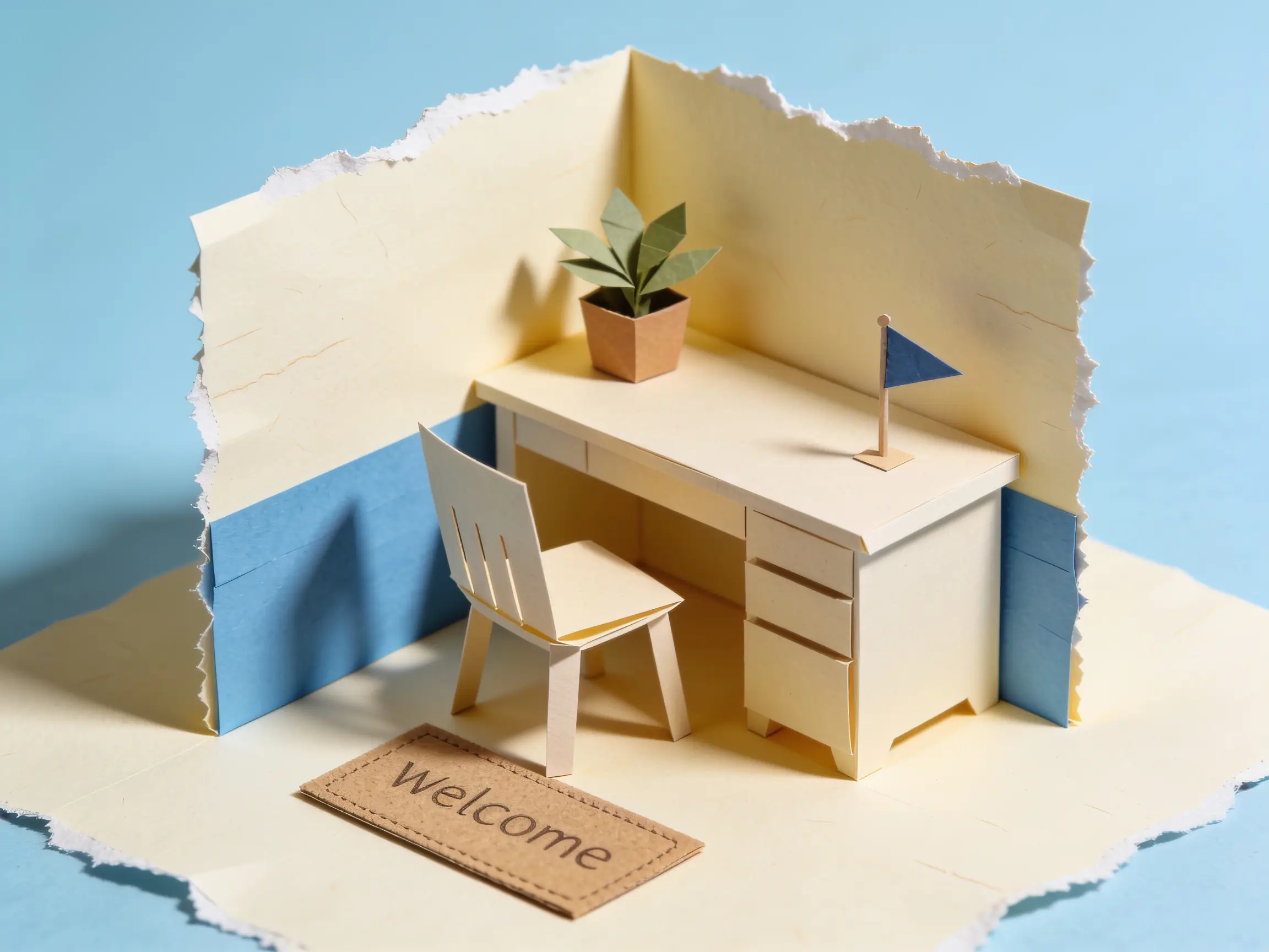 Papercraft desk with an inviting empty chair, a plant and a welcome mat