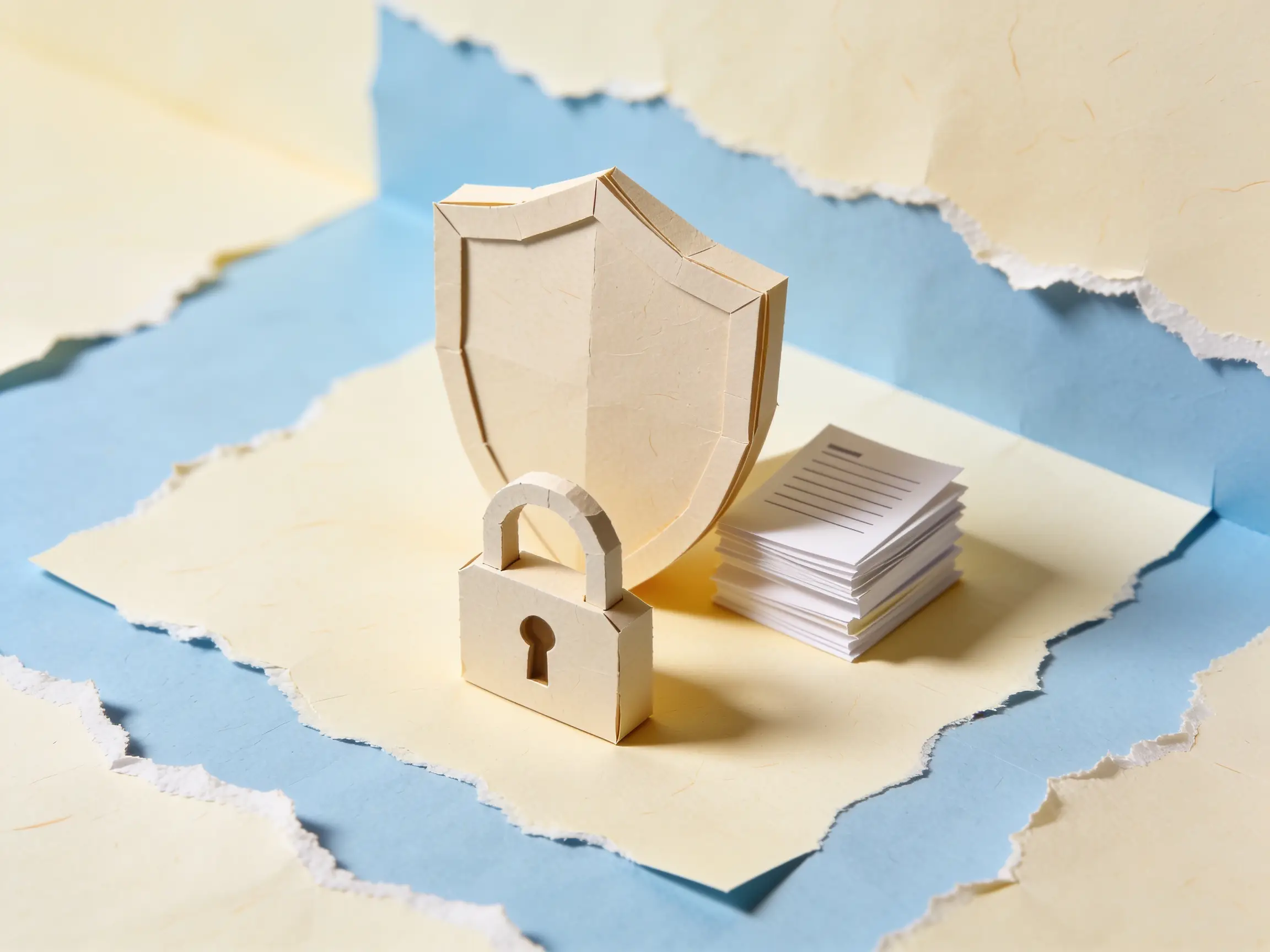 Papercraft shield with a padlock guarding paper documents