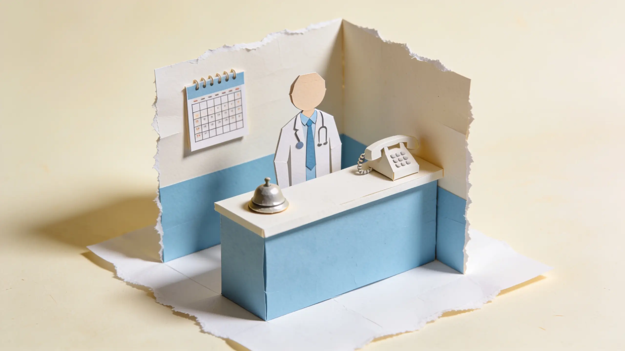 Papercraft clinic reception desk with calendar, bell, telephone and a paper doctor