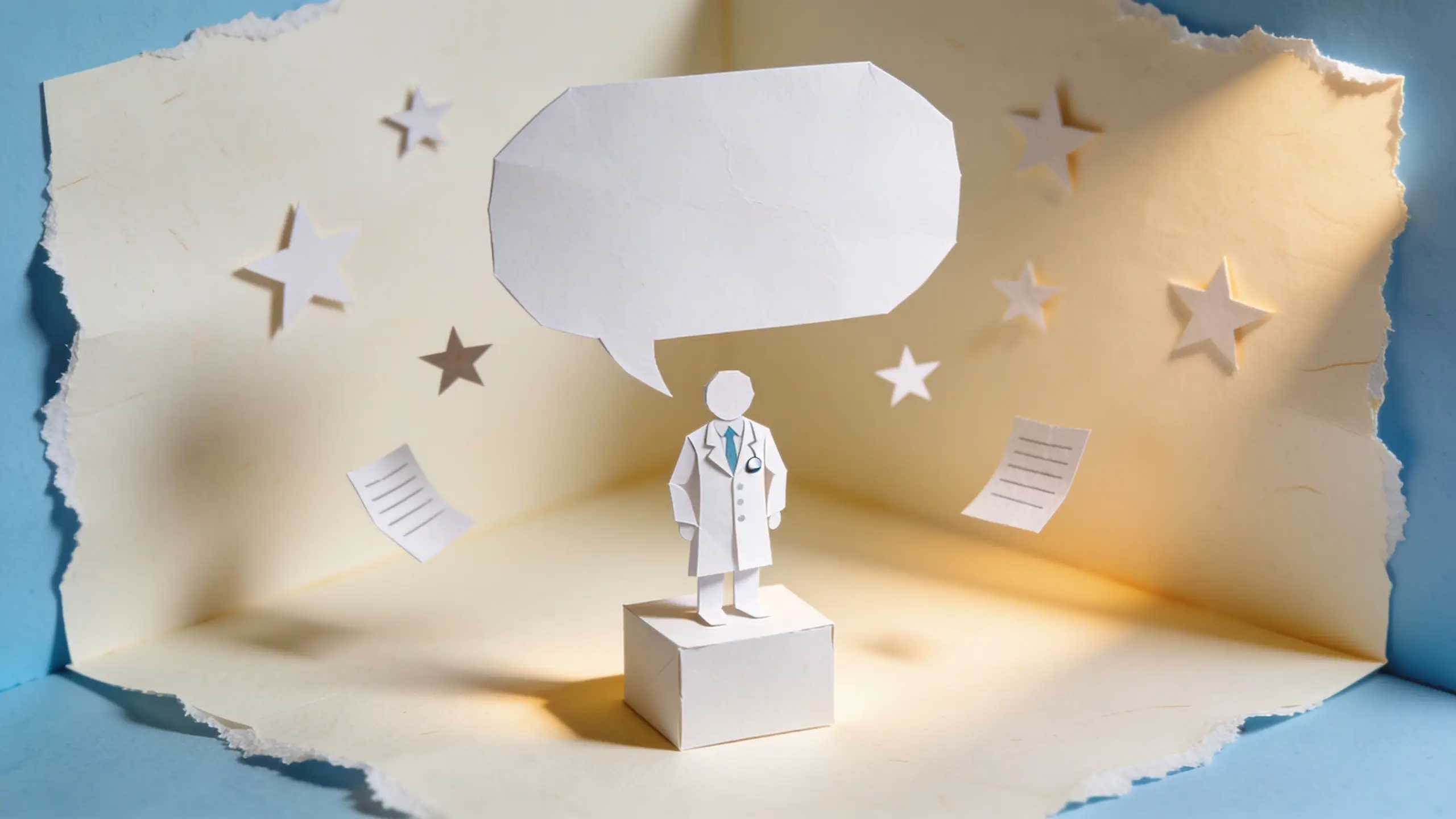 Papercraft doctor on a podium with a speech bubble, representing authority