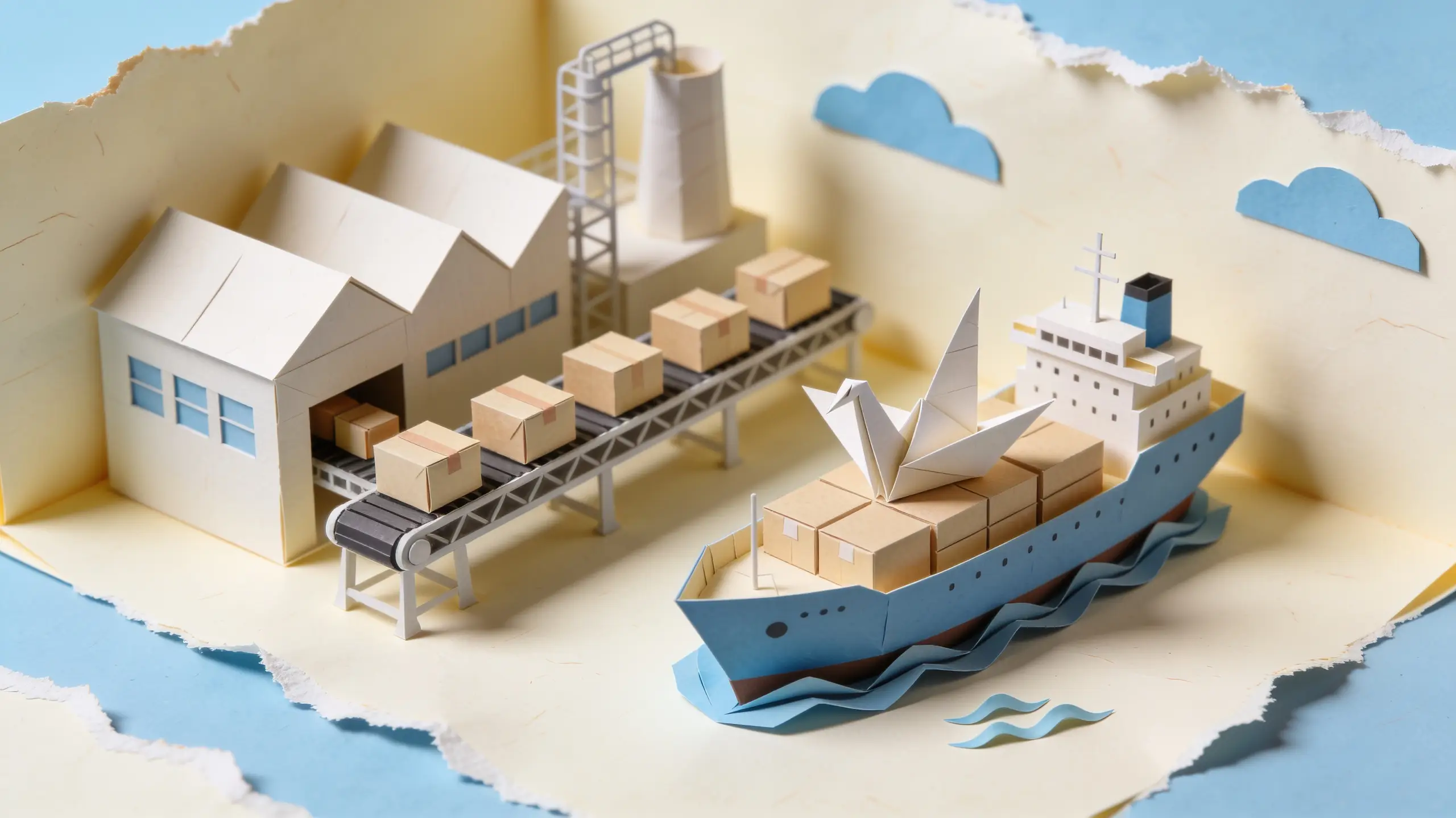 Papercraft factory loading boxes onto a cargo ship with a crane, representing exports