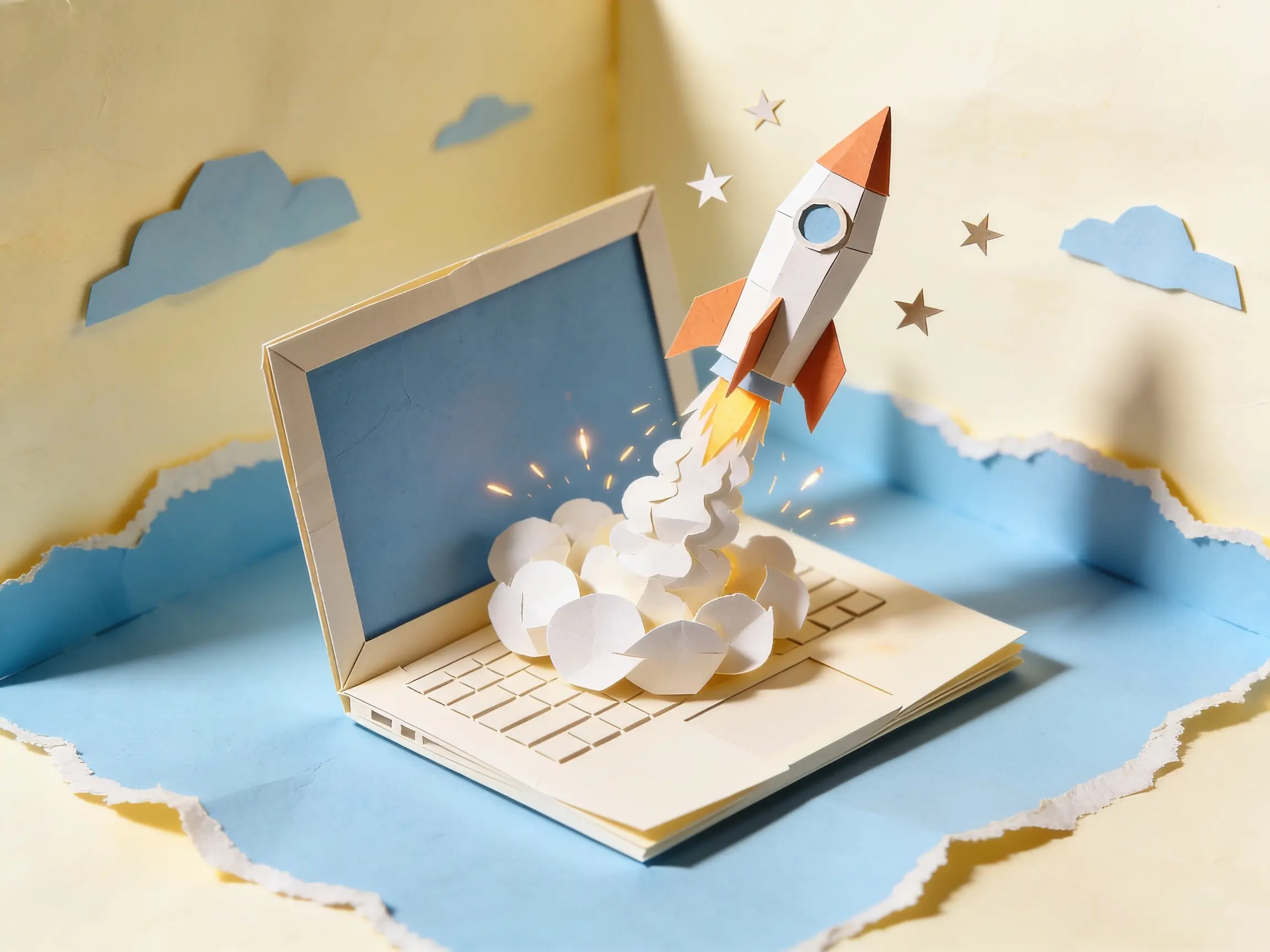 Papercraft rocket launching from an open paper laptop