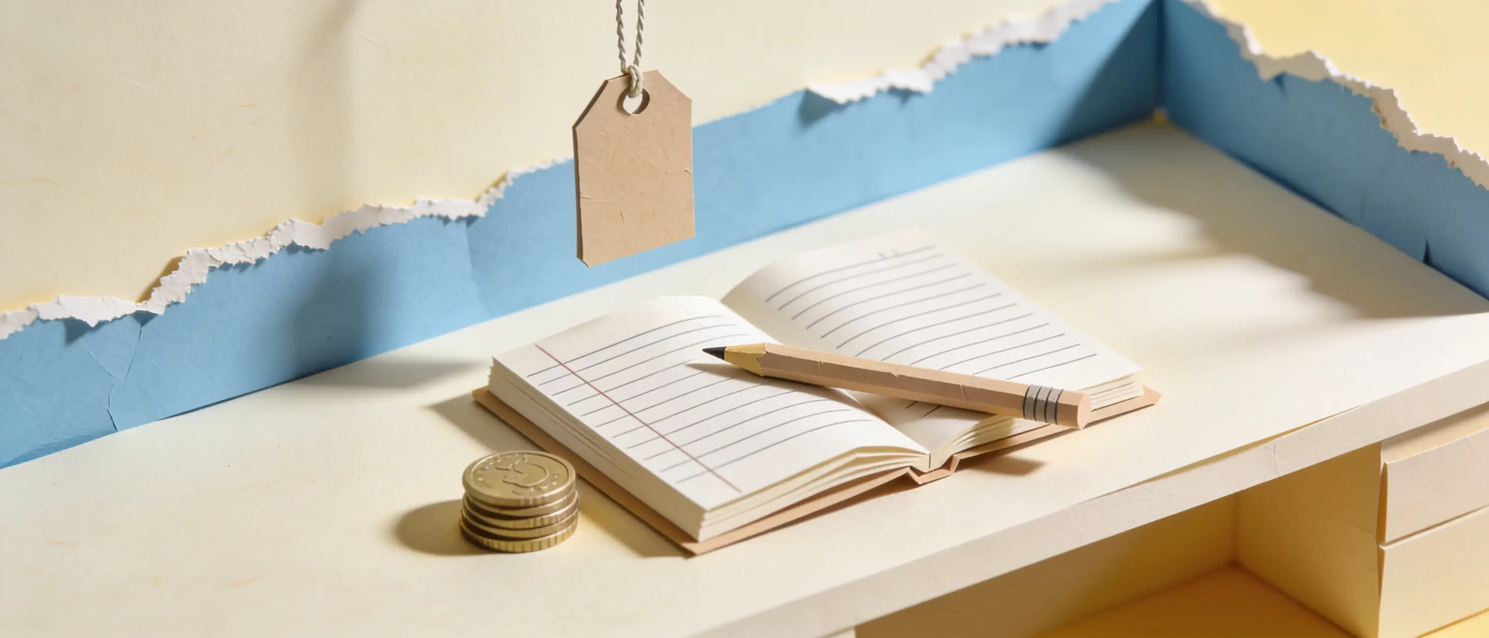 Papercraft scene of an open paper ledger book with a pencil laid across it, a price tag hanging on string and a small stack of paper coins