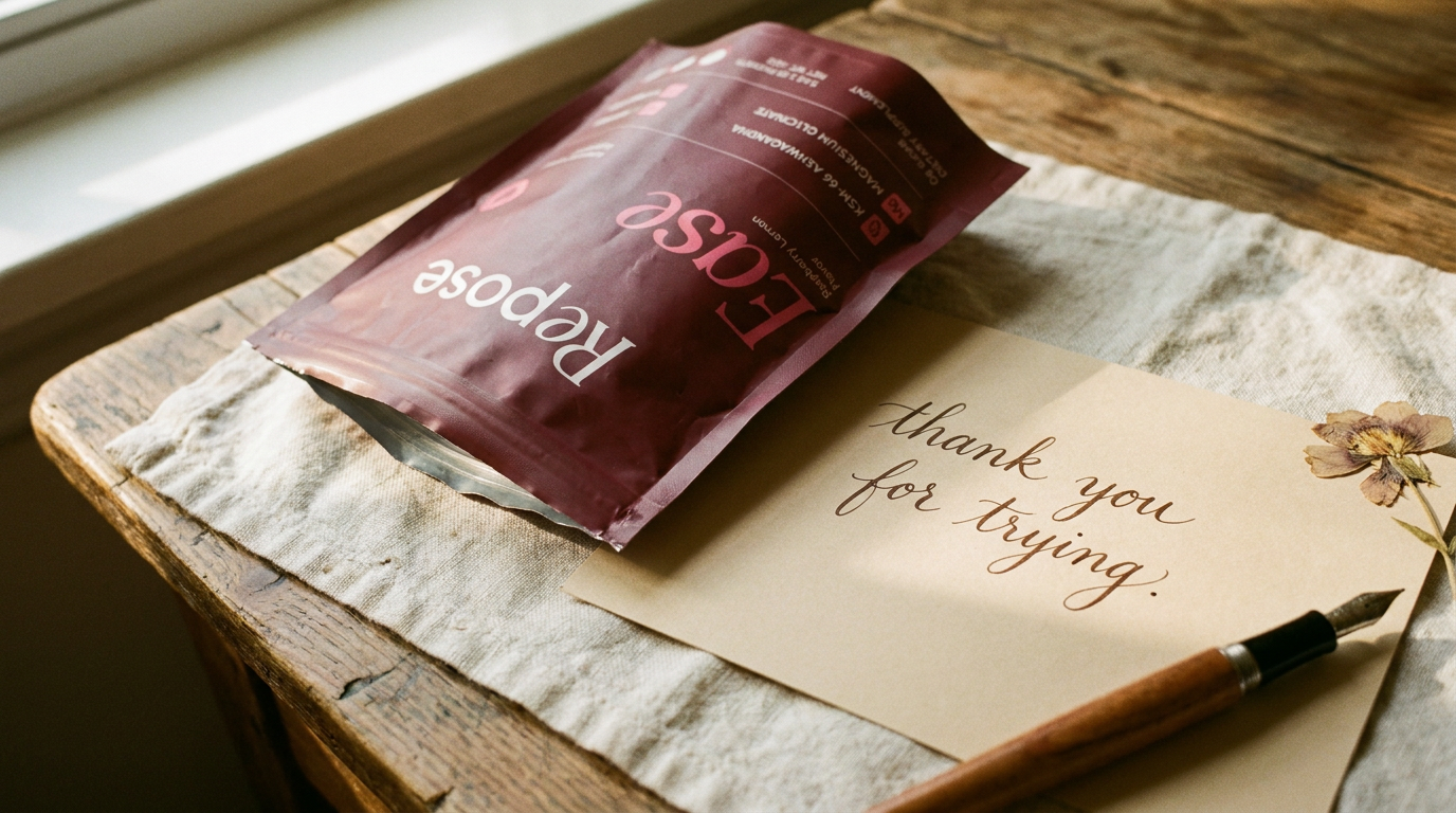 A finished Repose Ease pouch with a handwritten thank-you note