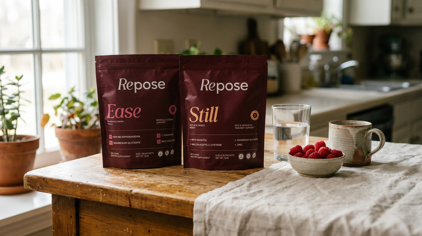 Both Repose Ease and Repose Still pouches on a Doylestown kitchen counter