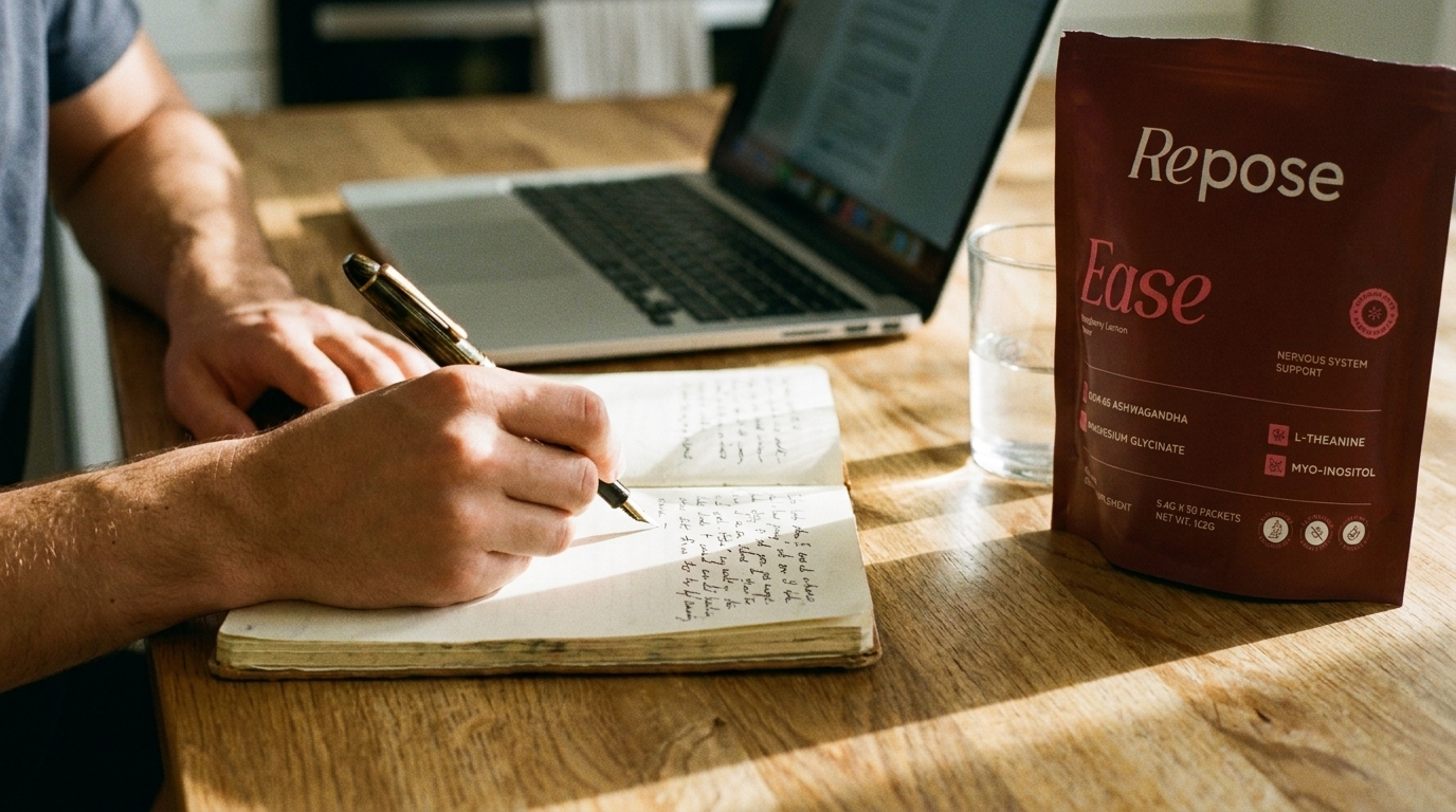 Hands writing a customer response at a kitchen table beside a Repose Ease pouch