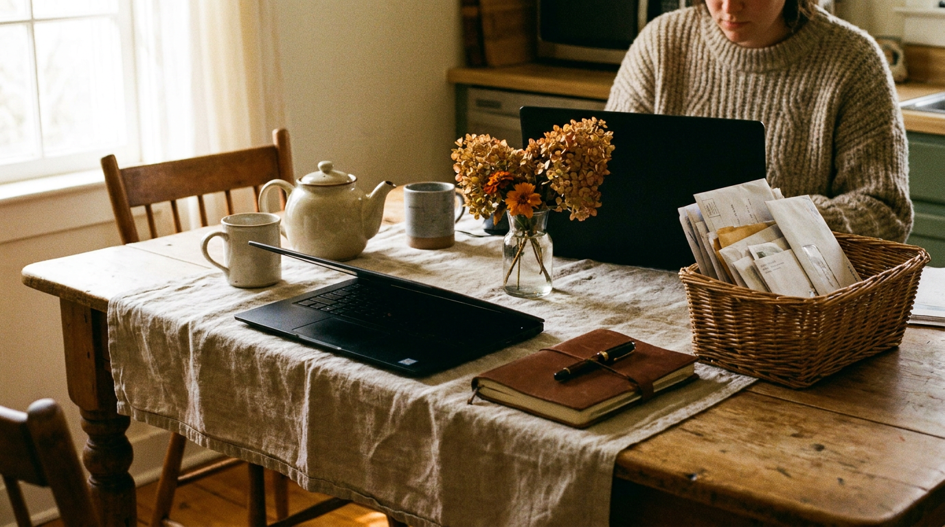 Doylestown morning kitchen with laptop, notebook, teapot — where Repose answers your emails