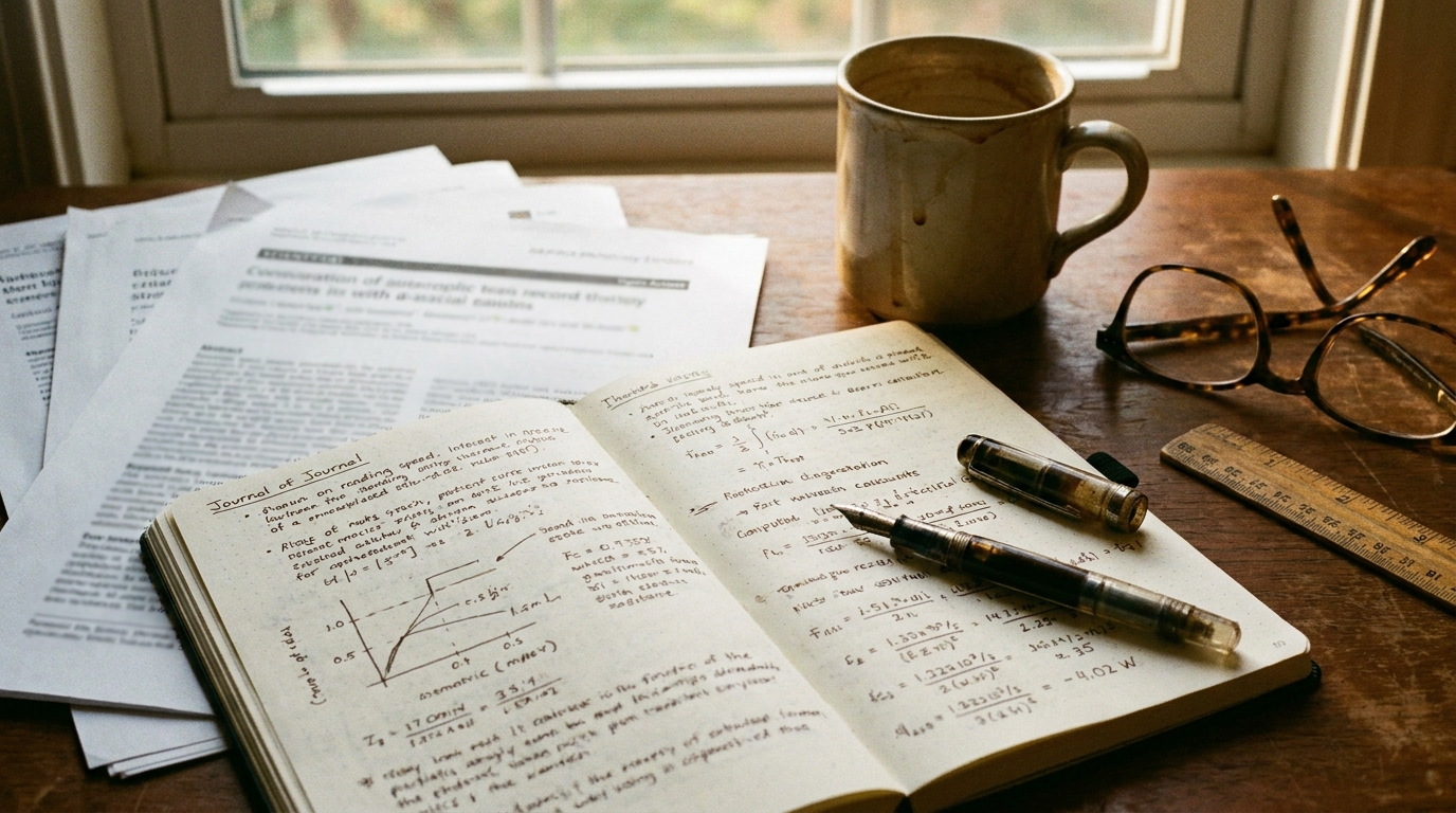 Research notebook with handwritten dose calculations and scientific papers
