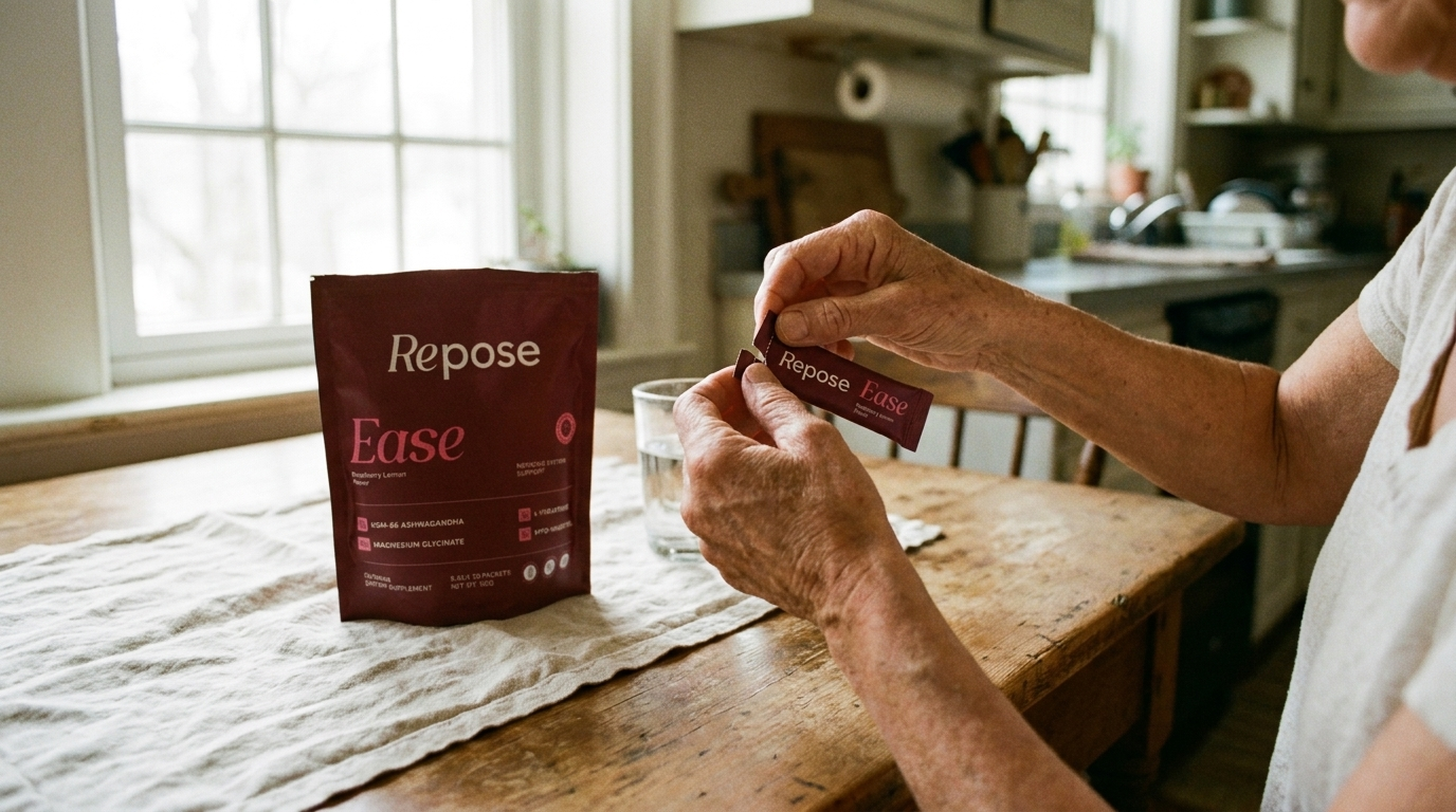 Hands tearing open a Repose Ease sachet at the kitchen table in Doylestown