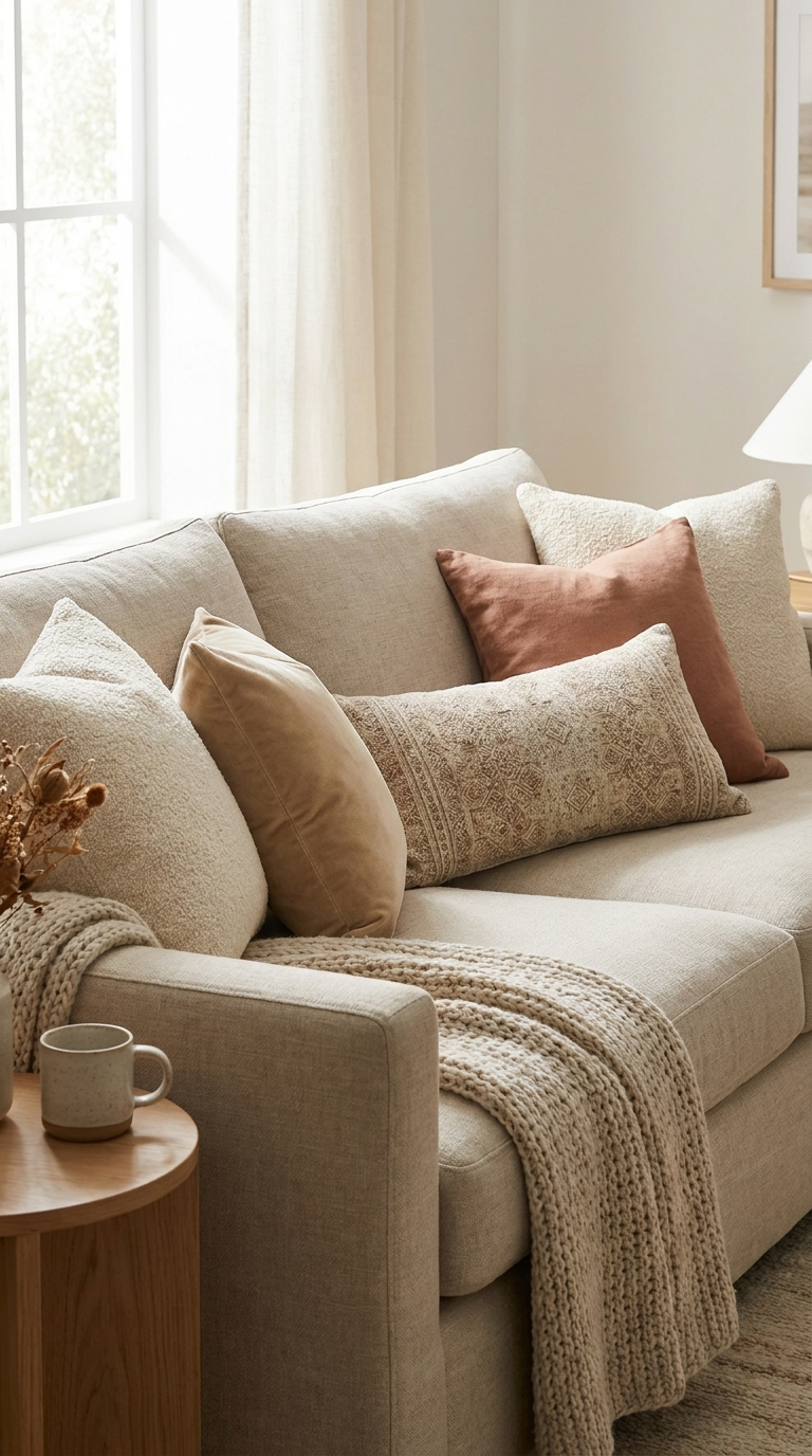 Neutral linen sofa layered with velvet and boucle throw pillows in ivory and terracotta, lumbar pillow centered, editorial home decor photography