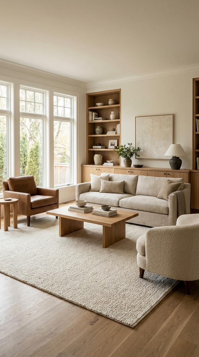 Living room with large ivory area rug anchoring sofa and armchairs conversation grouping, warm wood tones, editorial interior photography