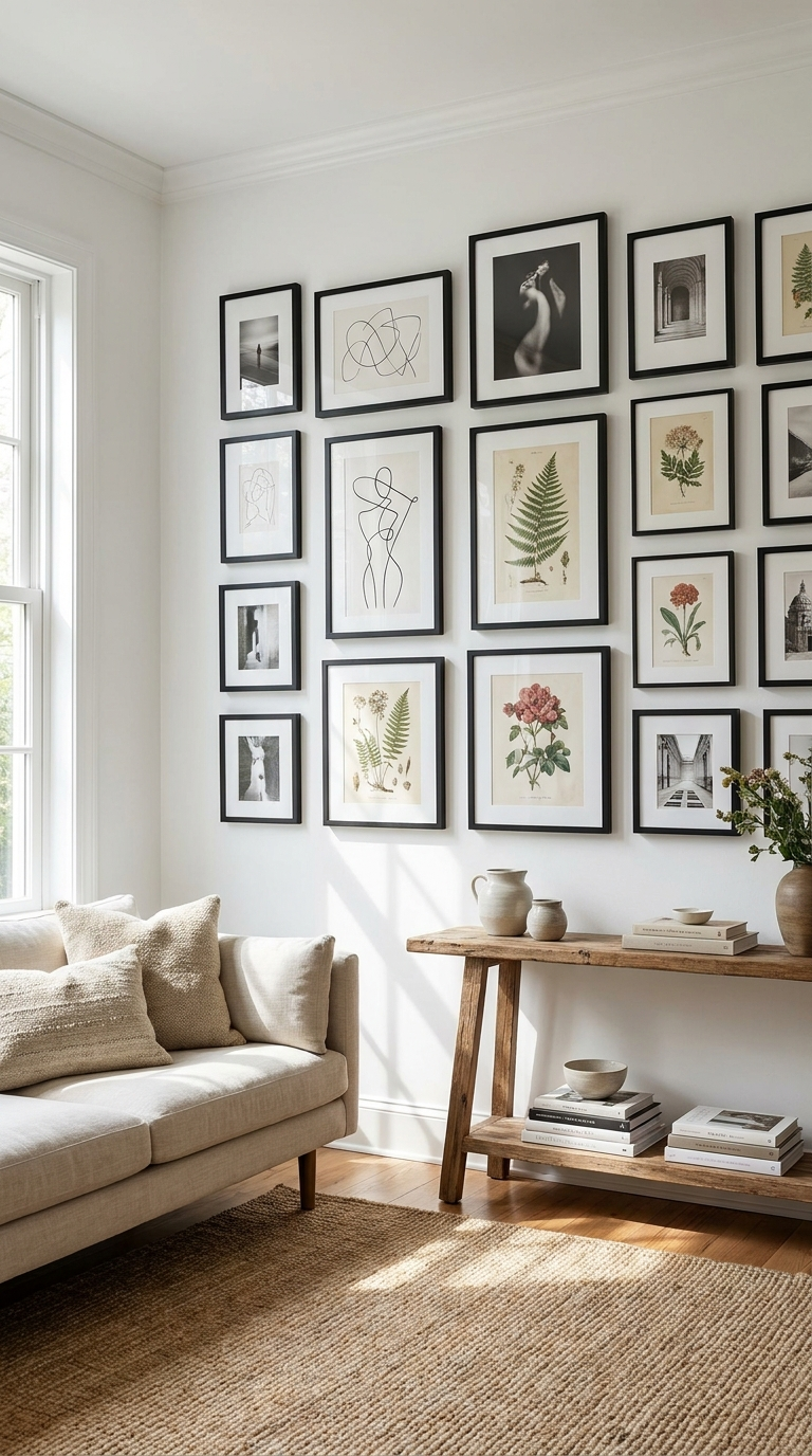 Gallery wall with mix of black frames in varying sizes on white wall, botanical illustrations and fine art prints, editorial interior photography