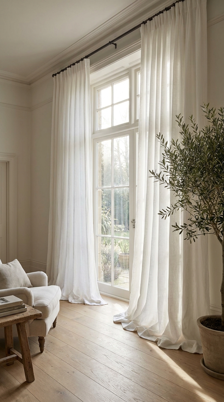 Floor-to-ceiling white linen curtains mounted near ceiling pooling to floor, framing window with natural light, making room feel tall and airy, editorial home decor photography