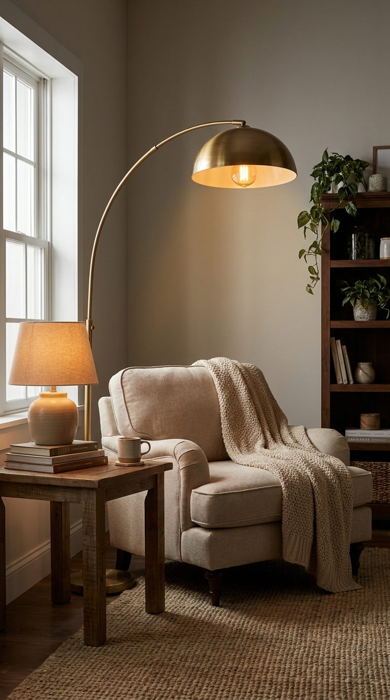 Cozy living room corner with arc floor lamp and table lamp creating warm 2700K layered lighting, soft shadows and intimate atmosphere, editorial interior photography
