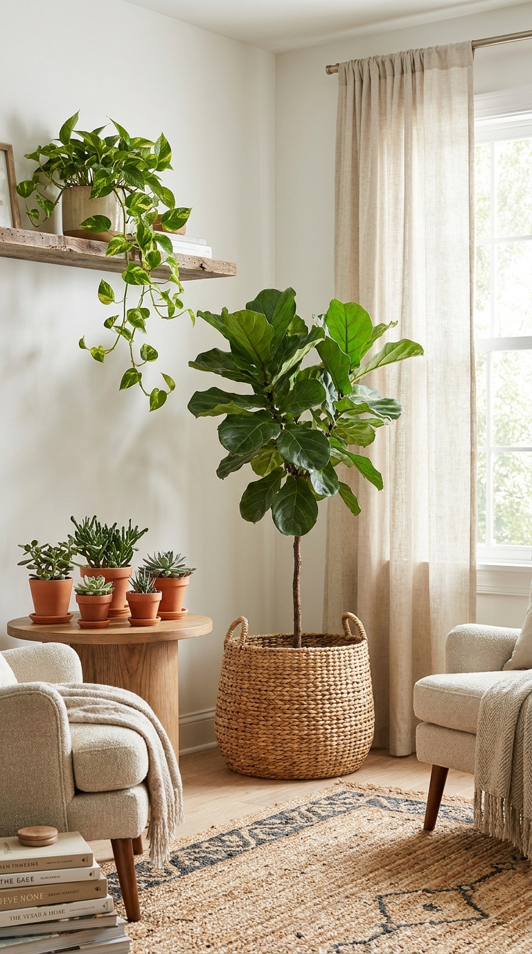 Living room corner with large fiddle leaf fig in woven basket planter, trailing pothos on shelf, terracotta pots with succulents, editorial interior photography