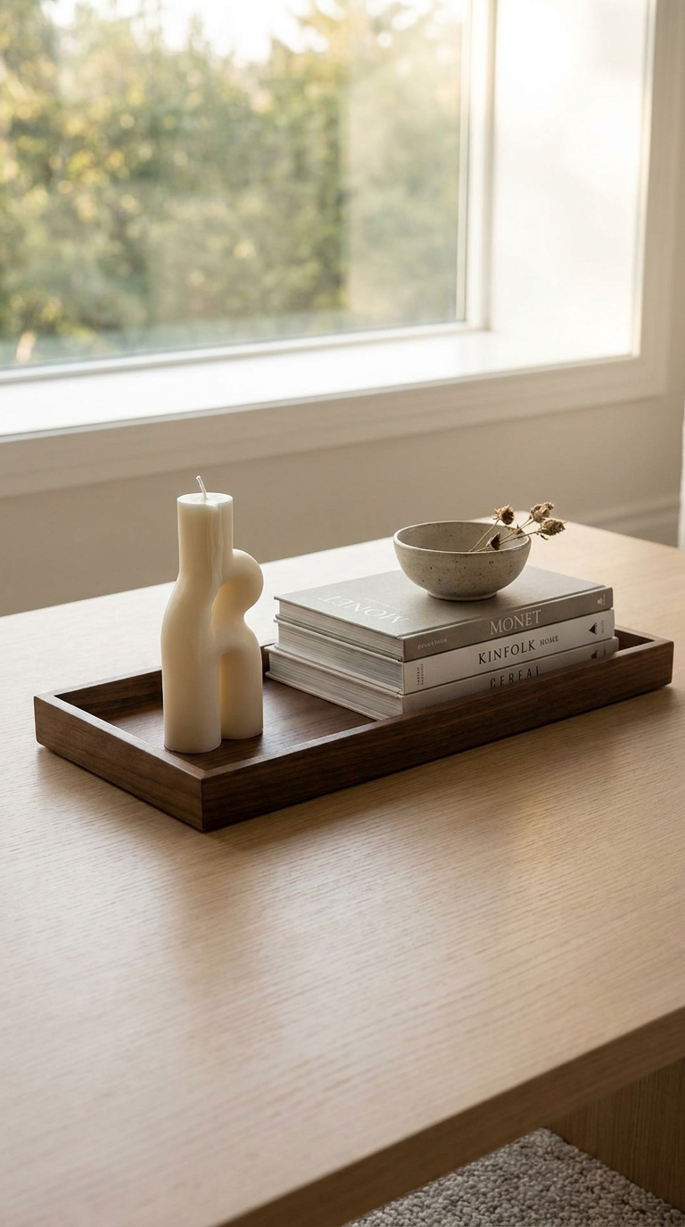 Styled coffee table with decorative tray holding sculptural candle, stack of design books and small ceramic bowl, minimal and intentional, editorial home decor photography