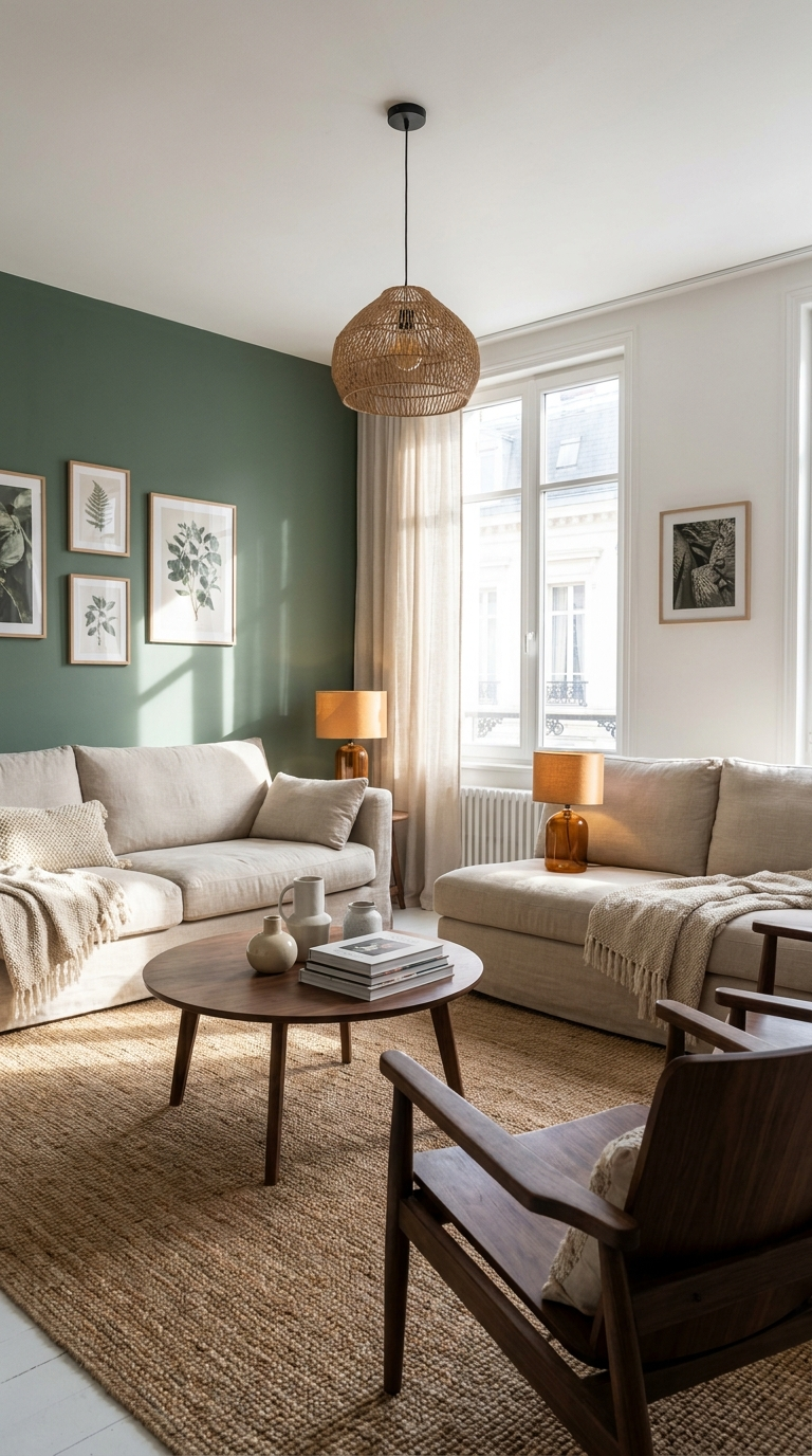 Living room with moody sage green accent wall behind neutral sofa, white remaining walls, warm furnishings, editorial interior photography