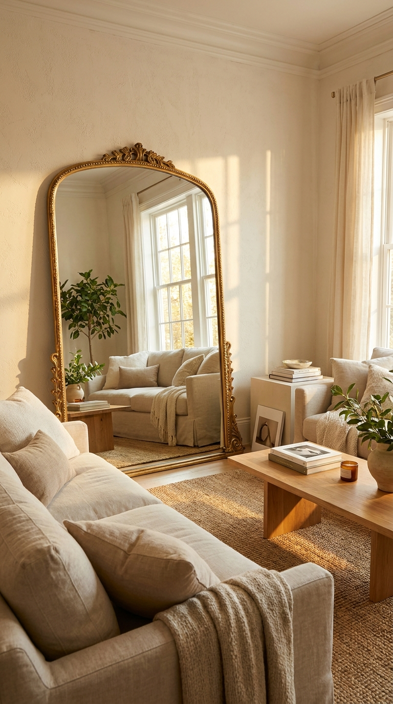 Large gold arch mirror leaning against living room wall beside sofa, reflecting natural light from window, making space feel open and bright, editorial interior photography
