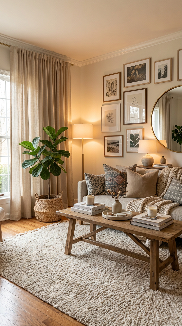 Fully transformed budget living room with all makeover elements combined, magazine-worthy styled space with warm neutral tones, editorial interior photography