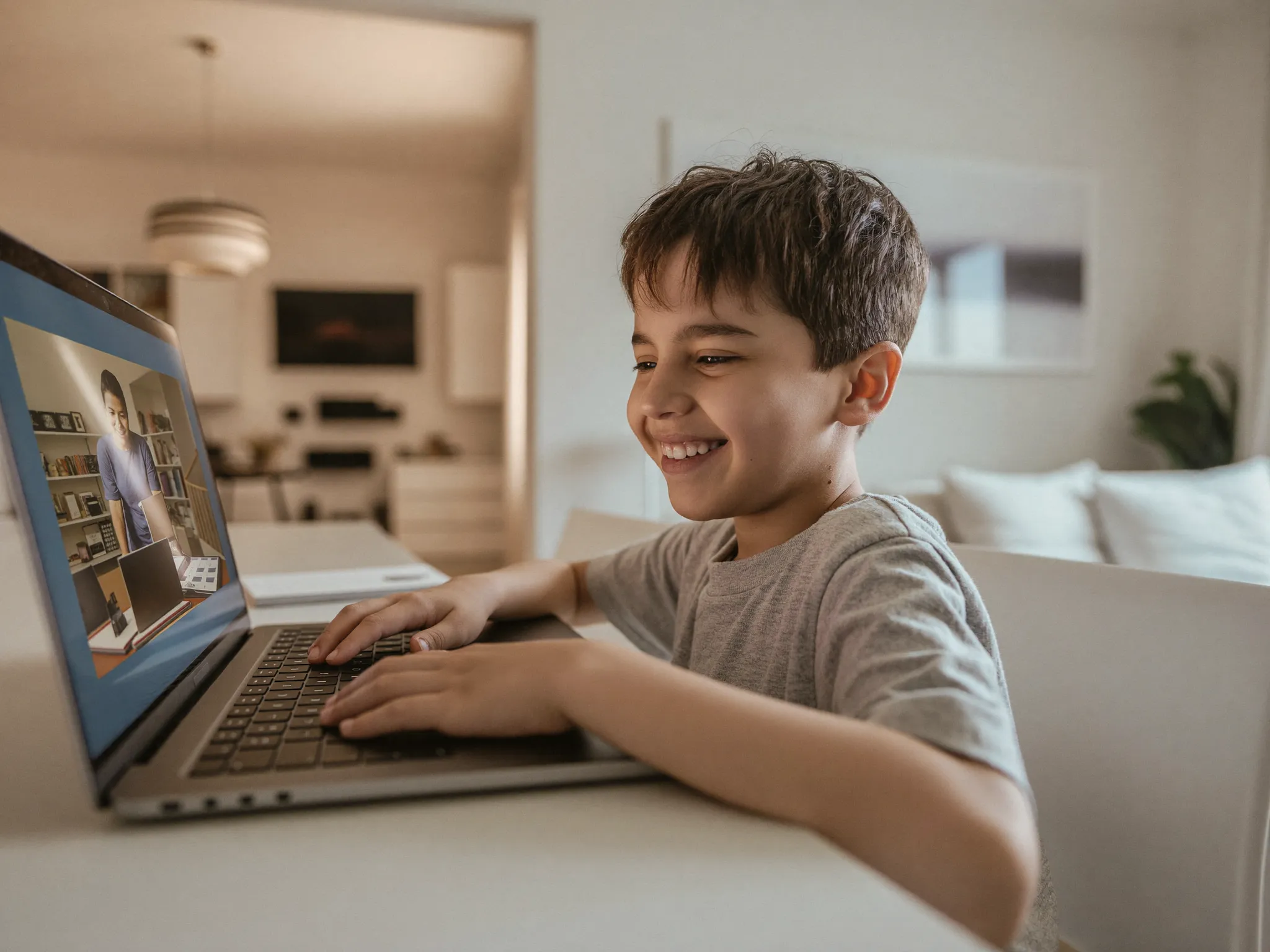 A primary-age child enjoying a live 1:1 online Maths lesson at home